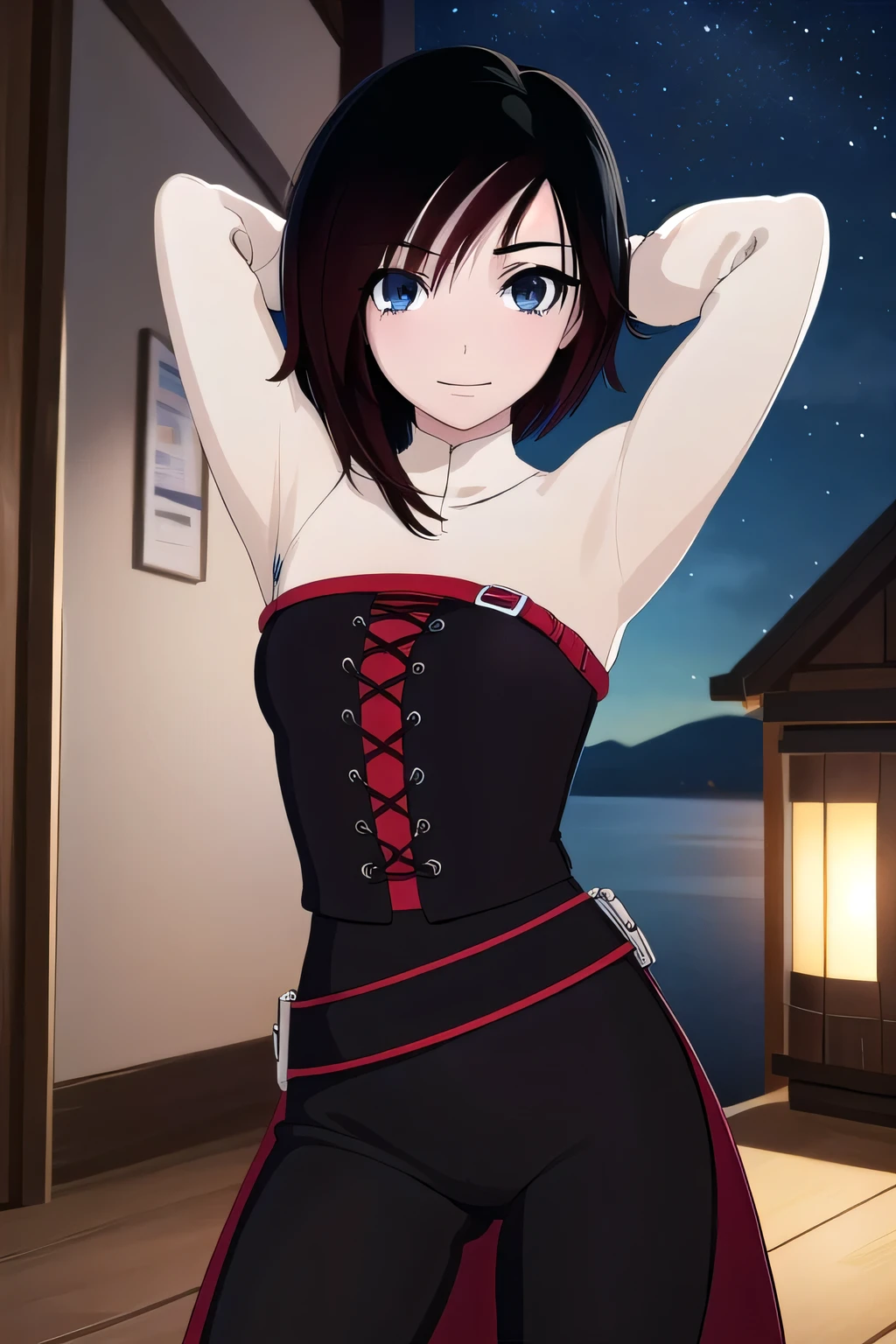  ruby rose, black hair, short hair, (grey eyes:1.5),
BREAK ,
(cowboy shot:1.5), night sky, beach, masterpiece, arms behind head, contrapposto, spread armpits, smile, looking at viewer, closed mouth, blushing,
BREAK (masterpiece:1.2), best quality, high resolution, (illustration:0.8), (beautiful detailed eyes:1.6), extremely detailed face, perfect lighting, extremely detailed CG, (perfect hands, perfect anatomy),