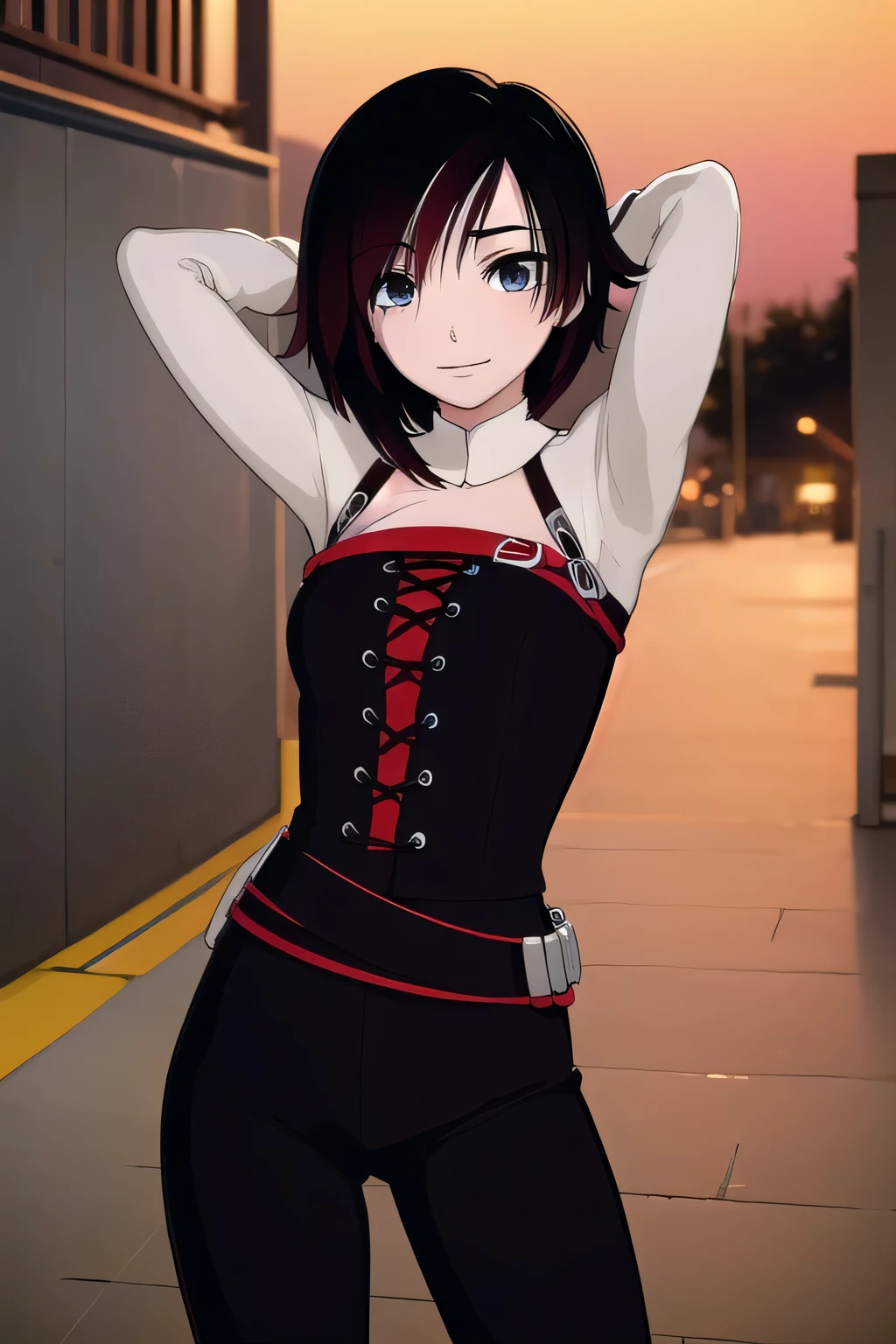  ruby rose, black hair, short hair, (grey eyes:1.5),
BREAK ,
(cowboy shot:1.5), night sky, beach, masterpiece, arms behind head, contrapposto, spread armpits, smile, looking at viewer, closed mouth, blushing,
BREAK (masterpiece:1.2), best quality, high resolution, (illustration:0.8), (beautiful detailed eyes:1.6), extremely detailed face, perfect lighting, extremely detailed CG, (perfect hands, perfect anatomy),