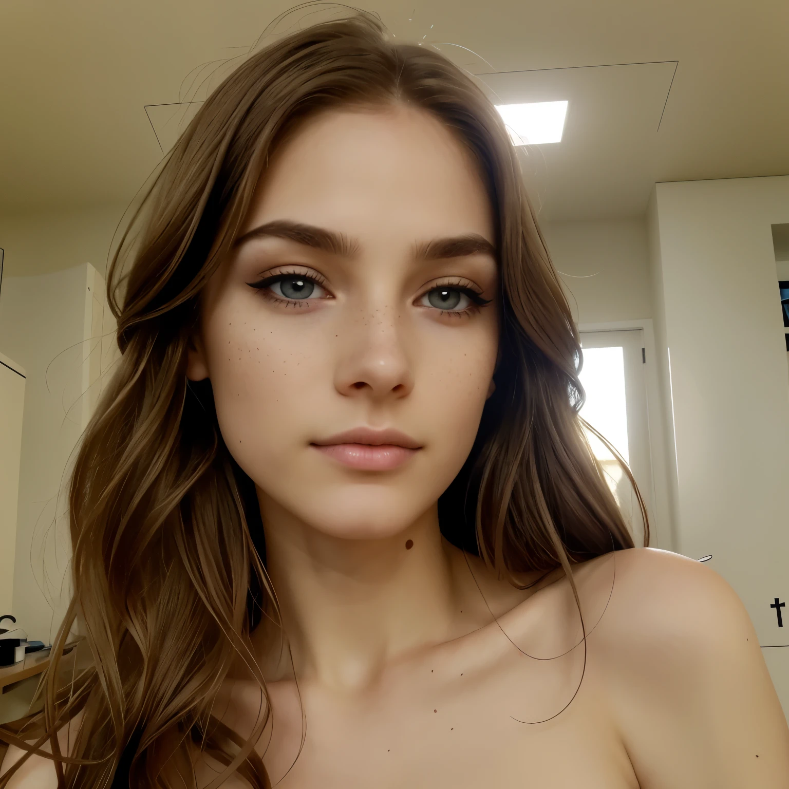 Pale ivory colored skin, androgynous face, small button nose, pointed nose, small curved lips. Light freckles, grey colored iris, close up of face, foxy eyes, wearing eyeliner makeup, long wavy brown hair, looks kinda like Brooke Monk