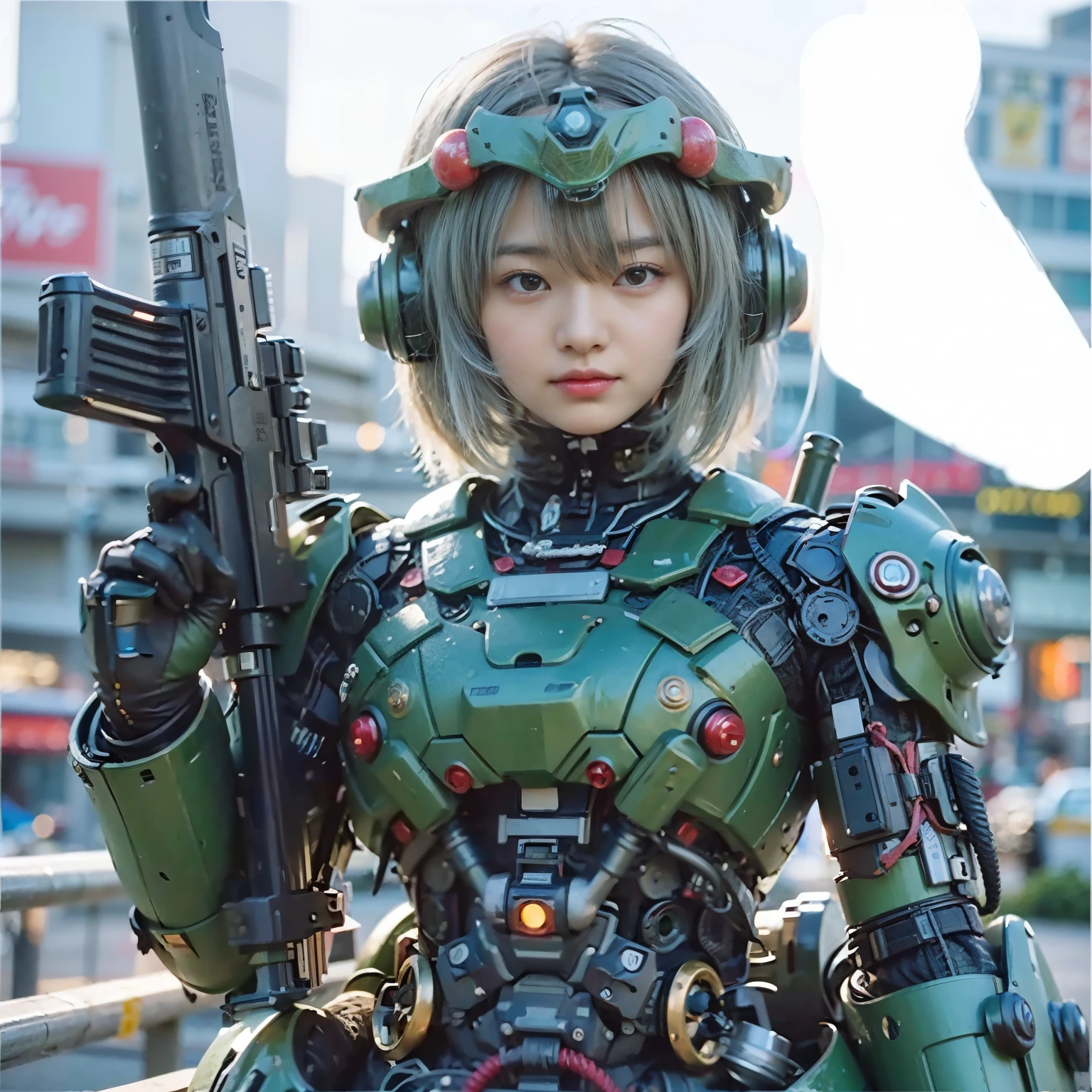 (masterpiece, best quality:1.2), (8k uhd, 16k, 32k, ultra high res), (photorealistic:1.37), (RAW photo), ultimate-realistic, ultimate-realistic details, ultimate-realistic texture, ultimate-intricate details, ultimate-realistic lighting, ultimate-realistic shadow, japanese girl, ultimate-cute face, ultimate-RAW skin, ultimate-realistic eyes, Japanese woman in insect powered suit, cannon mounted on shoulder, very cute face, mechanical, extremely intricate details, full body shot, ultimate photorealistic, big city locked down