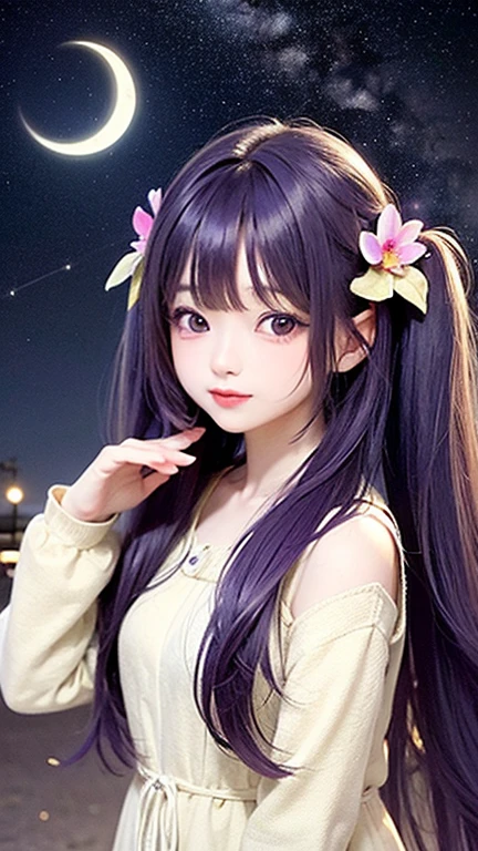 (highest quality, masterpiece), One girl, Twin tails、Pause, particle, Wind, flower, Upper Body, Simple Background, View your viewers, , Milky Way,smile、(Purple Long Hair)、cute、Twin taililky way、Crescent Moon