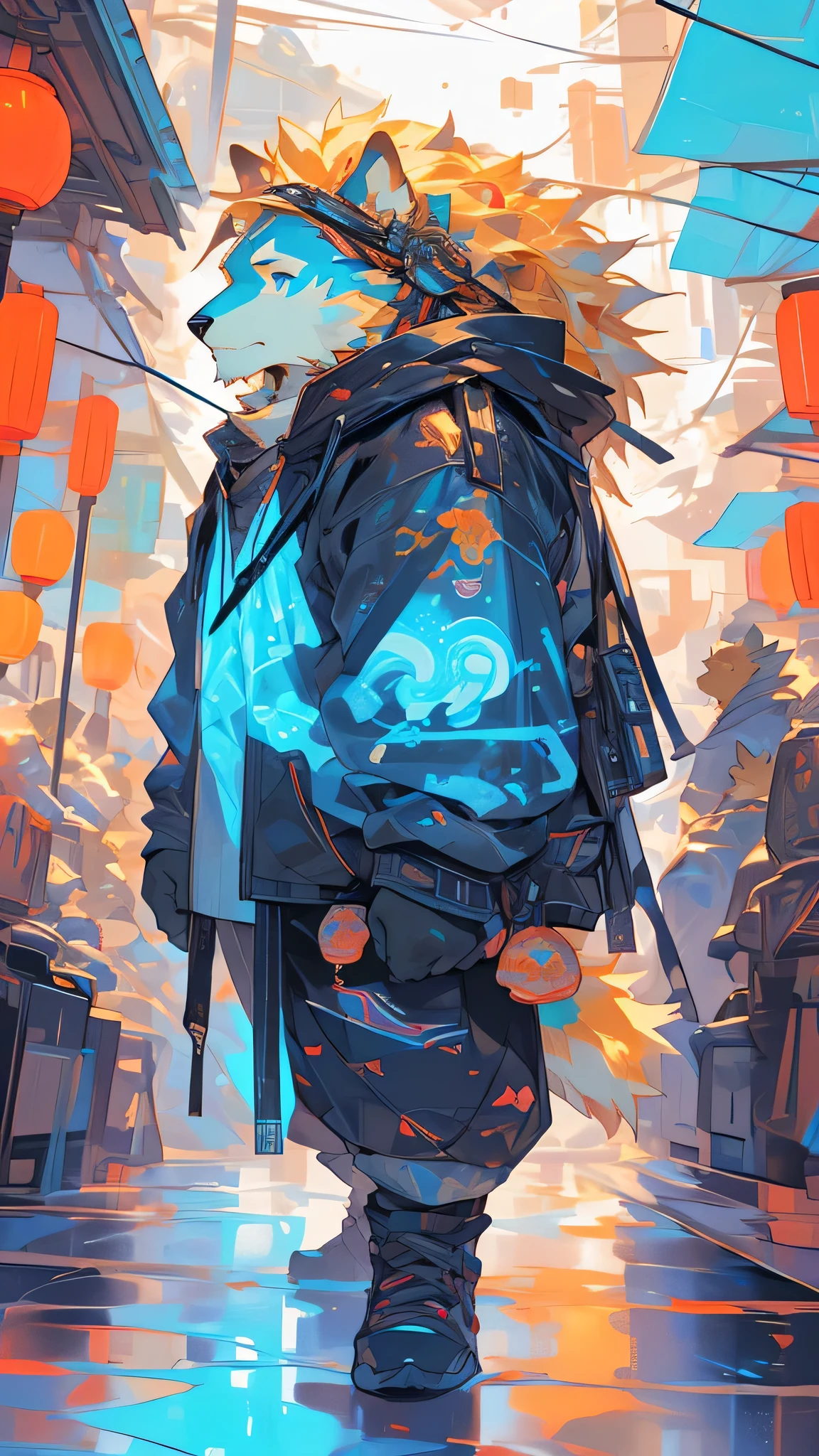 Golden Mane，Orcs，Fu Rui，furry，Stained glass window style，Modern Chinese style cyberpunk urban background，Night，Neon lights flashing，Dynamics of people walking on the street，Take the sugar gourd，Red and blue contrasting colors，没wear shoes，Meat pads on the ground，Laser transparent sweatshirt，Male: Fu Rui，Grey sports shorts，Trendy clothing，The upper body has no other clothes except the laser transparent hooded sweatshirt，Thin body，Abs loom，Face clarity，Blue and pink heterochromatic pupils，Single protagonist，Take the sugar gourd，Side close-up，18-year-old youth body type，Clear facial contours，Golden retriever puppy animal eyes heterochromatic pupils，big eyes，wear shoes，Eyes open