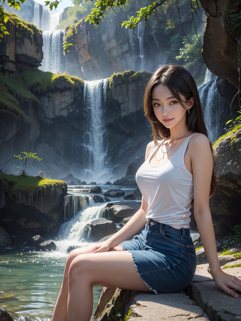 Beautiful woman, blonde hair ponytail style, wear white tank top, denim shorts with torn ends, standing/lying pose in waterfall, soft lights