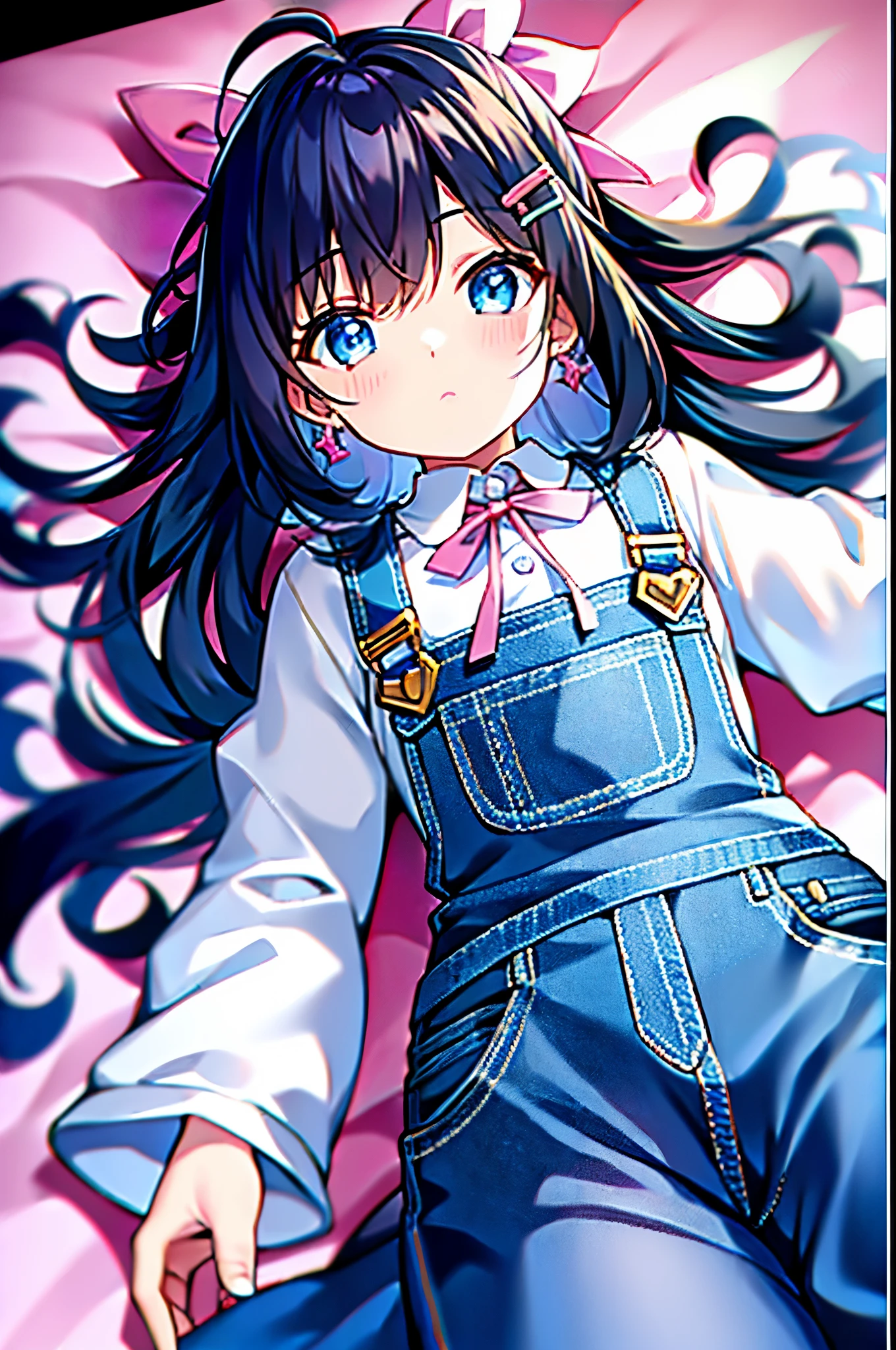 (((masterpiece))) (((highest quality))), (((beautiful))), (((8k))), (((High resolution))), (((Great illustrations))), (1 girl:1.3), (child:1.5), (in addition:1.2), (Dark blue straight long hair:1.3), (very long, Dark blue sideburns), (Very wide parted dark blue bangs:1.3), (Simple hair clip:1.4), (Ahoge:1.4), (Small blue eyes:1.2), (Slightly droopy eyes:1.3), (Ultra-flat chest:1.4), (Very small breasts:1.4), (Laughter:1.3),  (Cowboy Shot:1.3), (Pink Candy Room:1.5), (There are lots of sweets around:1.6), (Lying on a white bed:1.4), (Long sleeve), (Pink Overalls:1.4), (ribbon:1.5). (Frills), 