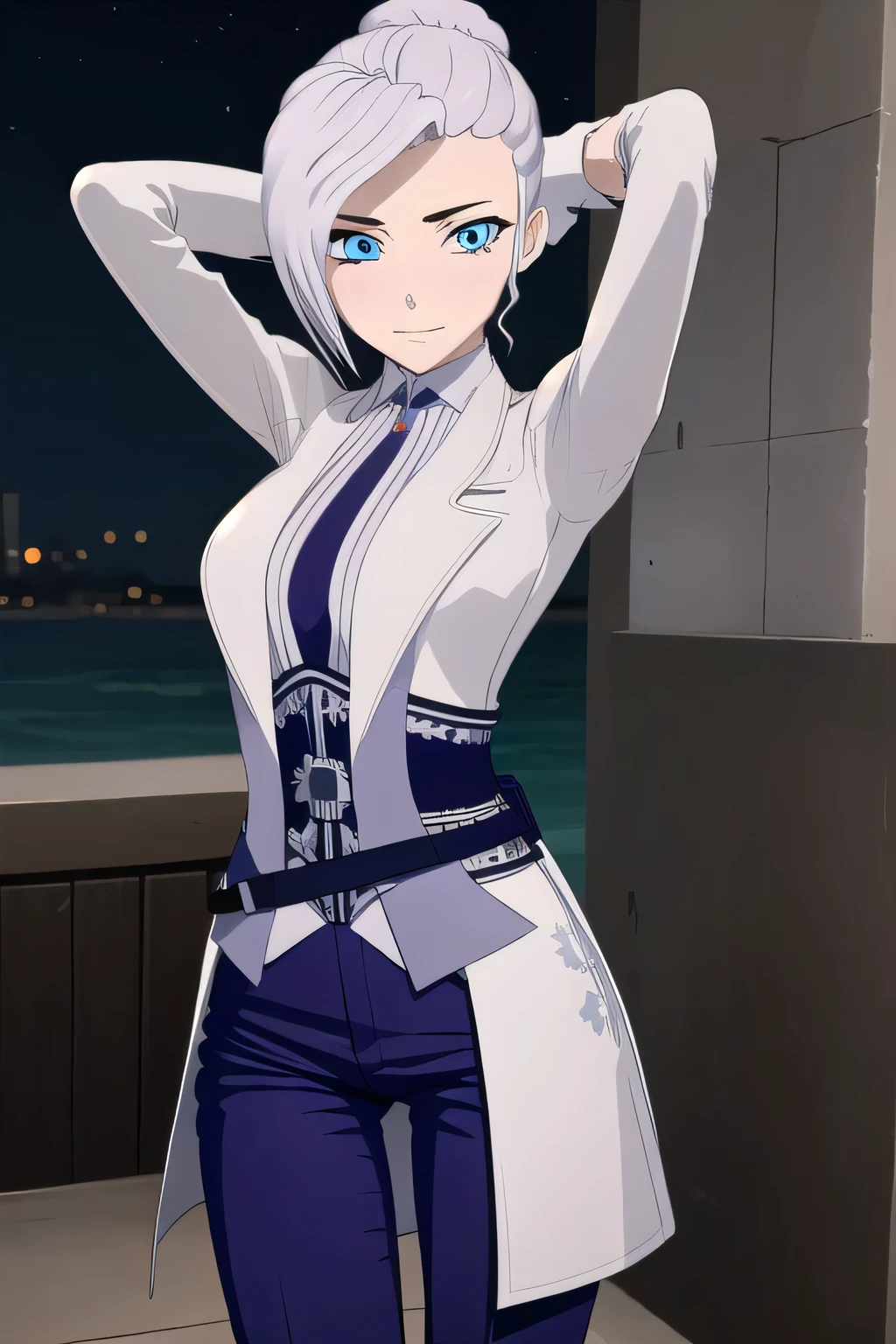  winter schnee, blue eyes, white hair, hair bun, single hair bun,
BREAK gloves, necktie, black gloves, belt, pants, uniform, coat, blue pants, black necktie, white coat,
(cowboy shot:1.5), night sky, beach, masterpiece, arms behind head, contrapposto, spread armpits, smile, looking at viewer, closed mouth,
BREAK (masterpiece:1.2), best quality, high resolution, unity 8k wallpaper, (illustration:0.8), (beautiful detailed eyes:1.6), extremely detailed face, perfect lighting, extremely detailed CG, (perfect hands, perfect anatomy),