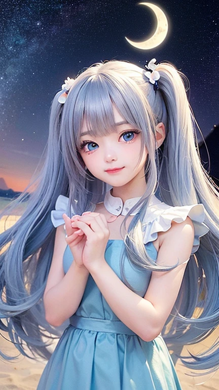 (highest quality, masterpiece), One girl, Twin tails、Pause, particle, Wind, flower, Upper Body, Simple Background, View your viewers, , Milky Way,smile、Turquoise eyes、(Silver Long Hair)、cute、Twin taililky way、Crescent Moon