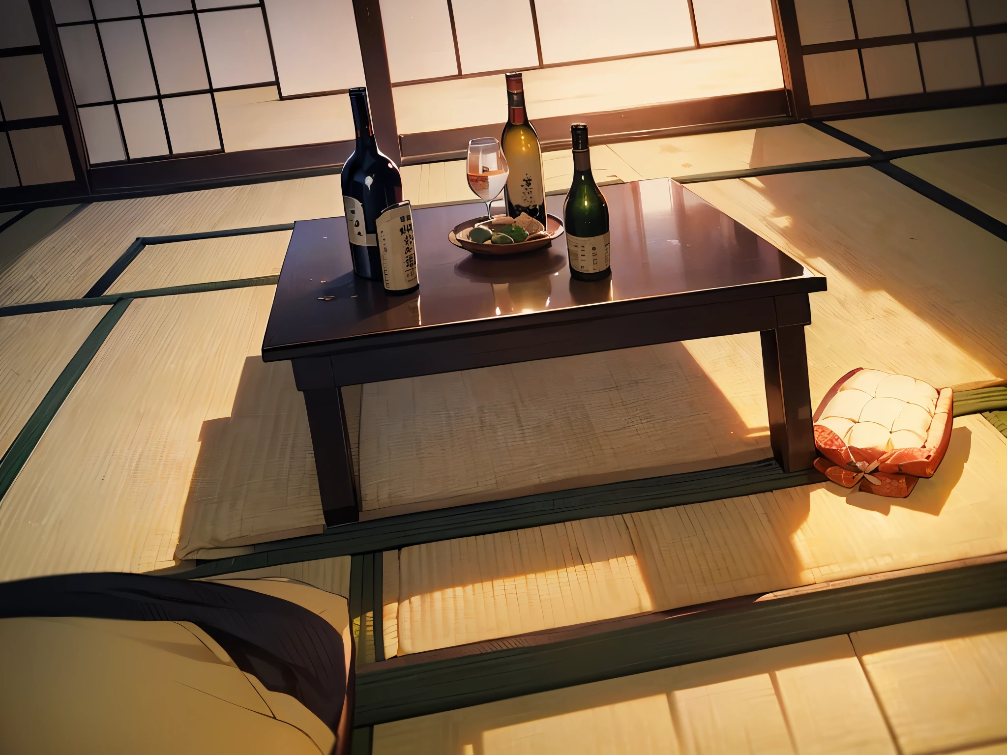 (((Angle seen from directly in front、Table in a guest room at a ryokan、Sumptuous cuisine lined up:1.3,Alcohol in a glass:1.3、Japanese cushion、night、tatami、White futon)))