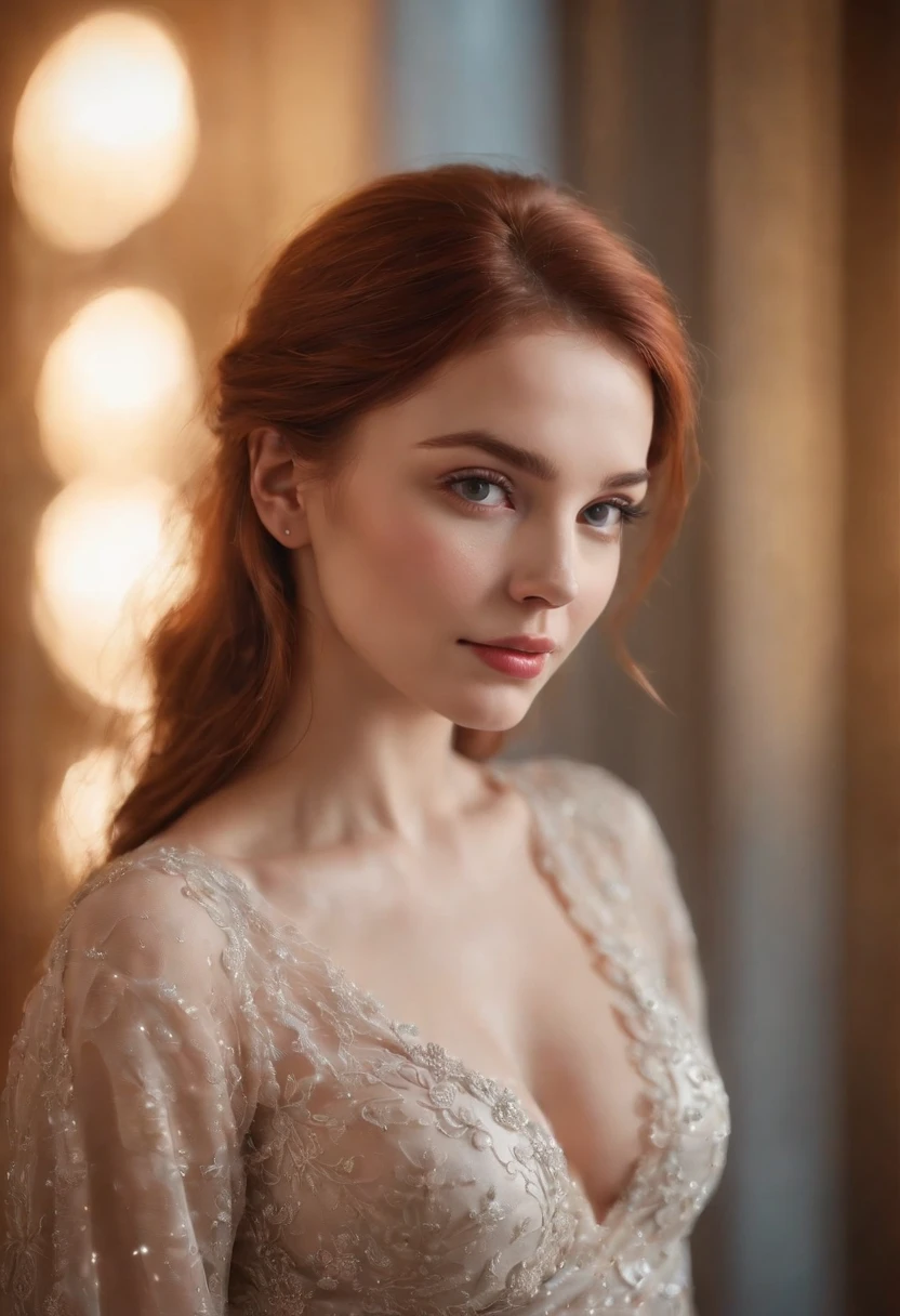 foto profissional de corpo inteiro, alto detalhe, pele realista. As the camera pans around the room, the magical bokeh of the lights creates a dreamlike atmosphere. No centro da sala, there is a 20 year old goddess with straight red hair, boca grande, fleshy lips and blue eyes. She is wearing a pair of sparkling earrings and a shirt with a generous neckline drawing attention to her large breasts., adding a touch of mystery to its already intriguing presence. its intricate details adding to the overall cinematic feel of the scene.