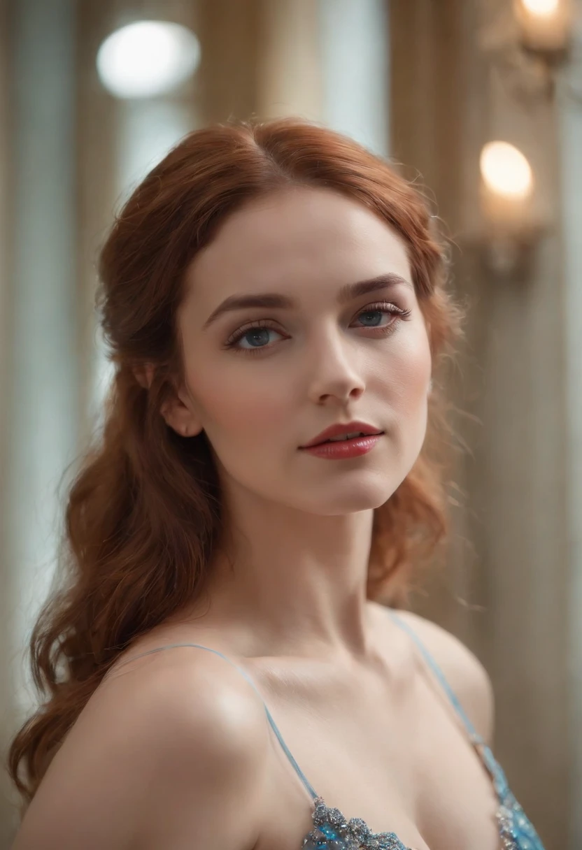 foto profissional de corpo inteiro, alto detalhe, pele realista. As the camera pans around the room, the magical bokeh of the lights creates a dreamlike atmosphere. No centro da sala, there is a 20 year old goddess with straight red hair, boca grande, fleshy lips and blue eyes. She is wearing a pair of sparkling earrings and a shirt with a generous neckline drawing attention to her large breasts., adding a touch of mystery to its already intriguing presence. its intricate details adding to the overall cinematic feel of the scene.