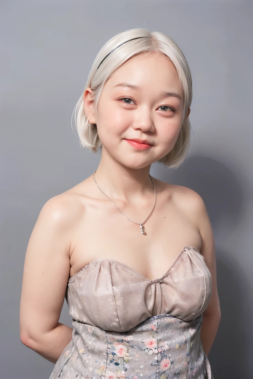 ((SHORT WHITE HAIR COLOR)), ((FLAT CHEST:1.7)), ((Lace)), (Happy smile), masutepiece, High quality, UHD 32K, Realistic face, Realistic skin feeling , A Japanese Lady, 58 years old matured lady, , Very cute and baby-like face, (((FLAT CHEST))), (Night time at forest), ((look In front  at the camera and SADNESS)), (((CUTE GIRL))), ((YELLOW LIPS)), ((Floral Pattern)) little wearing strapless, strapless colorful, dark night background , black forest night, horror scary place, (from behind up) seductive pose, ((Chubby:1.4)),