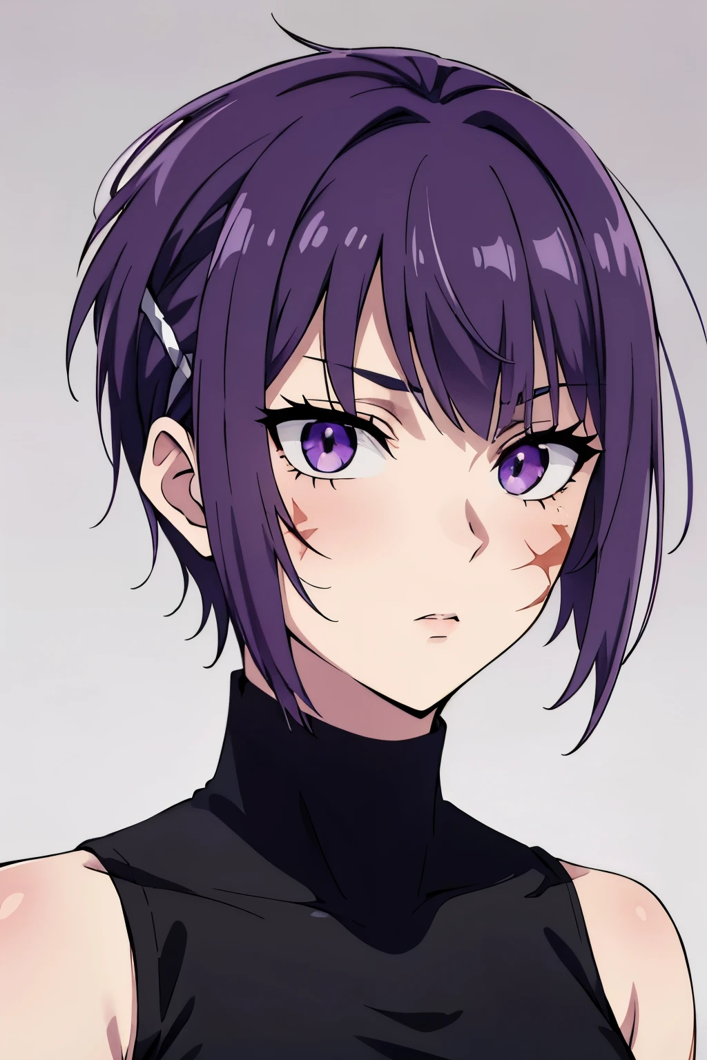 (high-quality, breathtaking),(expressive eyes, perfect face)(scar, scar on face, burn scar, muscular female) 1girl, female, solo, young adult age, Vibrant lavender color hair, purple eye color, spiky fluffy hair, short hair length, Symmetrical Eyes, portrait, neutral expression, grey background, headband with ribbons, fantasy clothing, sleeveless turtleneck black shirt, narrow eyes, feminine face, warrior, Sidecut hairstyle, Shaved hairstyle, Subtle Side Shaved Bob, Maki Zenin
