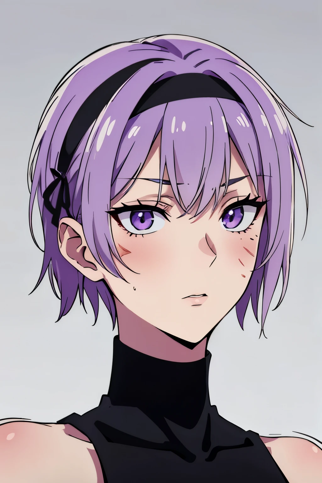 (high-quality, breathtaking),(expressive eyes, perfect face)(scar, scar on face, burn scar, muscular female) 1girl, female, solo, young adult age, Vibrant lavender color hair, purple eye color, spiky fluffy hair, short hair length, Symmetrical Eyes, portrait, neutral expression, grey background, headband with ribbons, fantasy clothing, sleeveless turtleneck black shirt, narrow eyes, feminine face, warrior, Sidecut hairstyle, Shaved hairstyle, Subtle Side Shaved Bob, Maki Zenin
