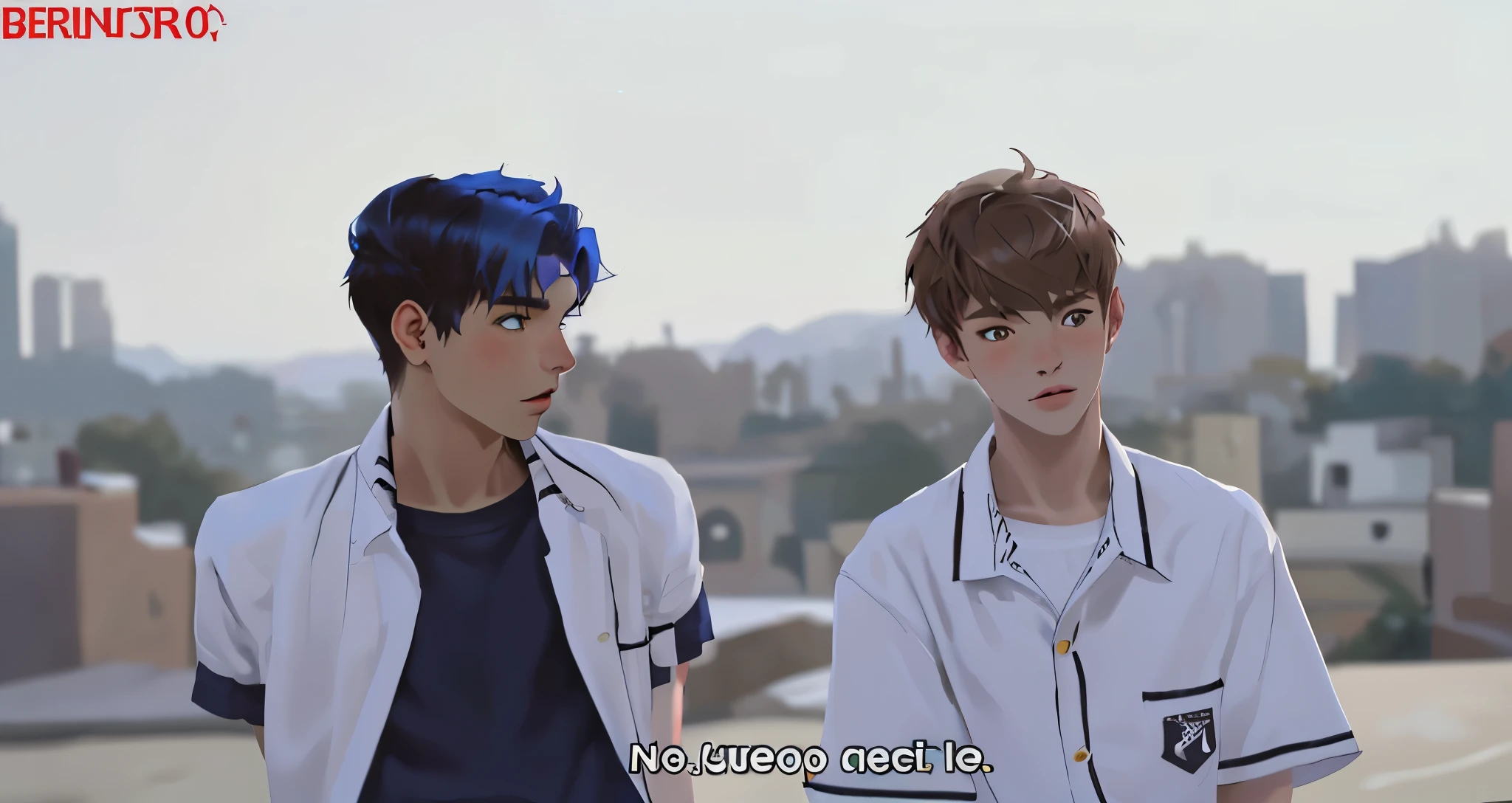 There are two 16 year old boys, one with blue hair and the other with brown hair.