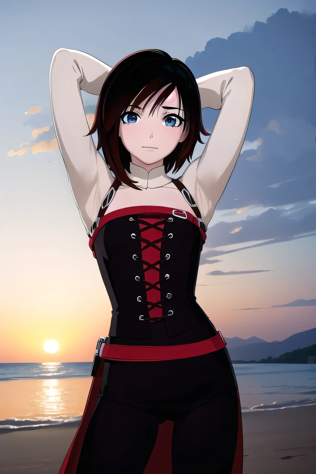  ruby rose, black hair, short hair, (grey eyes:1.5),
BREAK ,
(cowboy shot:1.5), night sky, beach, masterpiece, arms behind head, contrapposto, spread armpits, smile, looking at viewer, closed mouth, blushing,
BREAK (masterpiece:1.2), best quality, high resolution, (illustration:0.8), (beautiful detailed eyes:1.6), extremely detailed face, perfect lighting, extremely detailed CG, (perfect hands, perfect anatomy),