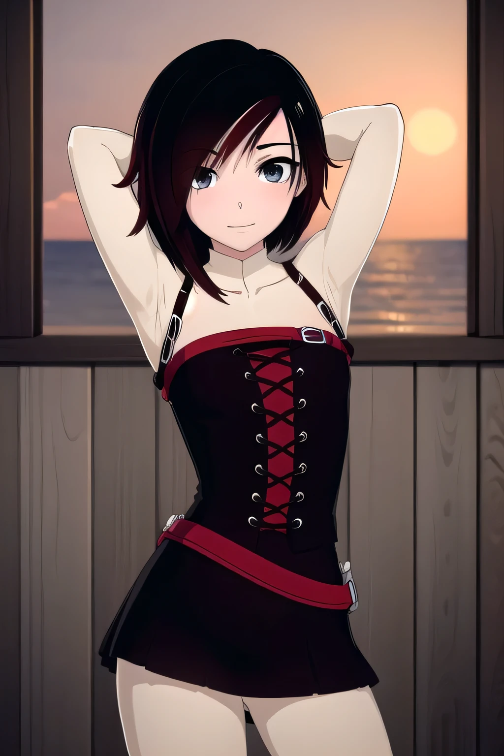  ruby rose, black hair, short hair, (grey eyes:1.5),
BREAK ,
(cowboy shot:1.5), night sky, beach, masterpiece, arms behind head, contrapposto, spread armpits, smile, looking at viewer, closed mouth, blushing,
BREAK (masterpiece:1.2), best quality, high resolution, (illustration:0.8), (beautiful detailed eyes:1.6), extremely detailed face, perfect lighting, extremely detailed CG, (perfect hands, perfect anatomy),