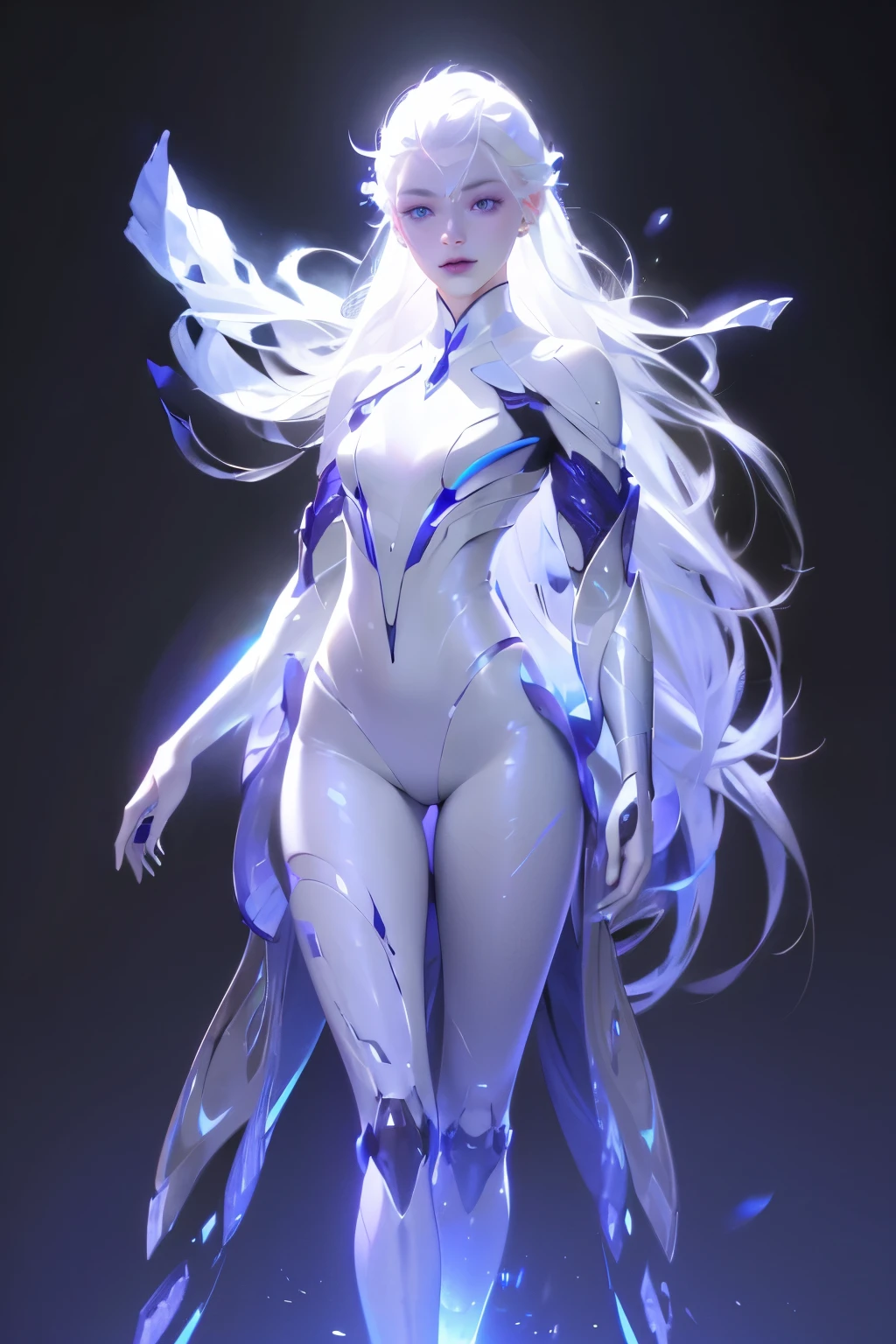 ((girl, Mecha)), Glowing eyes, Delicate face, Damaged Armor, Mechanical aura, Mechanical arm, White hair, Long hair, Ceramic body, Thigh clearance, Small breasts, Network Background, Very nice city, (translucent, Reflective Skin), 8k, best quality, Super detailed, (Surrealism: 1.4),  