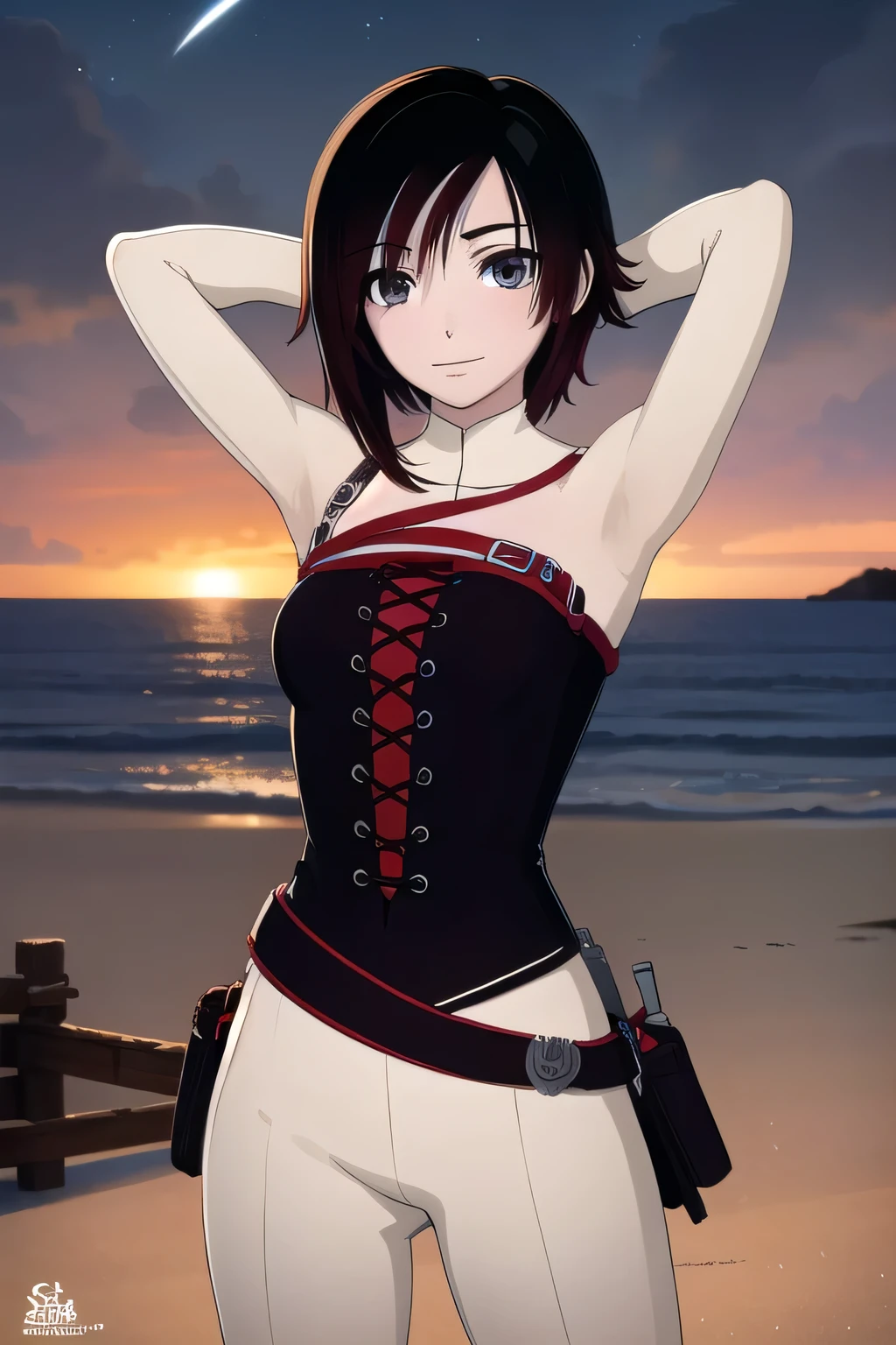  ruby rose, black hair, short hair, (grey eyes:1.5),
BREAK ,
(cowboy shot:1.5), night sky, beach, masterpiece, arms behind head, contrapposto, spread armpits, smile, looking at viewer, closed mouth, blushing,
BREAK (masterpiece:1.2), best quality, high resolution, (illustration:0.8), (beautiful detailed eyes:1.6), extremely detailed face, perfect lighting, extremely detailed CG, (perfect hands, perfect anatomy),