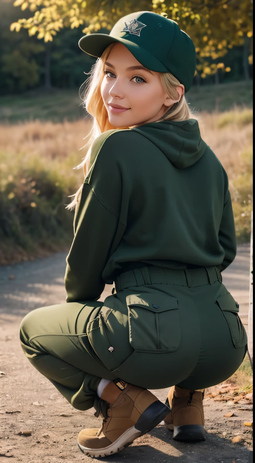 Foto hiperrealista en primer plano de Emily Sears, masterpiece, best quality, (photorealistic:1.4), full body, (army green winter Plus Size Long Sleeve Pullover casual Sweater:1.1), (army green cargo pants:1.2), (trucker hat), sits backwards in the mountain, sunny fall day, cinematic light, beautiful woman, skinny, large breasts, blond hair, detailed face, smile, facing the camera, photo taken from a distance, age of 20 years old, she is sitting on the ground, sits backwards, you can see her back, she is squatting