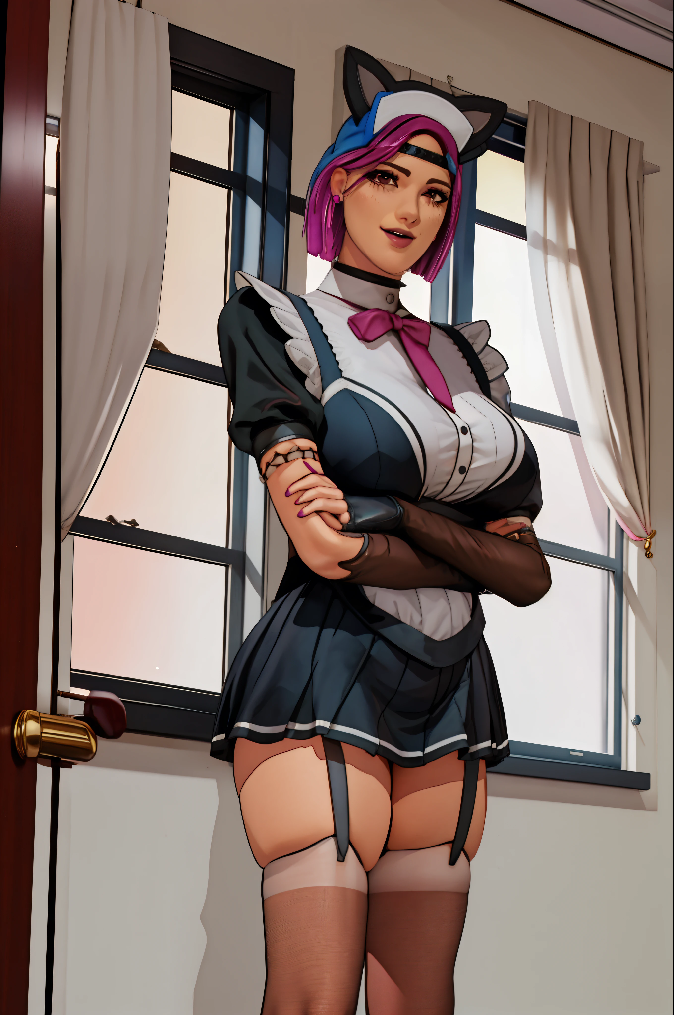 purple haired woman wearing glasses and wearing skimpy tight short exposing maid outfit who has extremely massive breasts and large sexy thighs and smiling while holding a duster behind her back and leaning forward