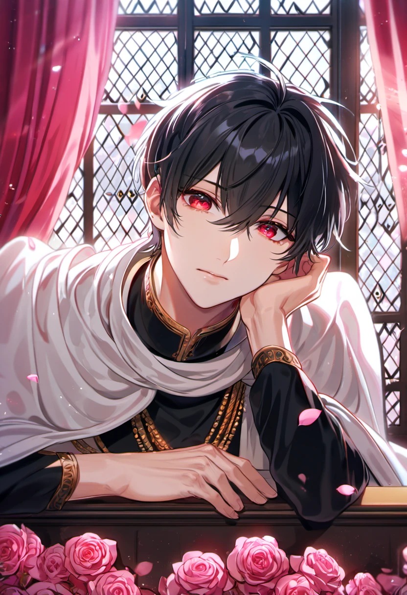 absurdres, highres, ultra detailed, HDR, master piece, best quality, perfect face, beautiful eyes, delicate features, Judal, Magi, black short hair, hair between the eyes, expressive red eyes, solo, man, handsome, small black shirt, white cape, window, pink curtains, pink petals, pink roses