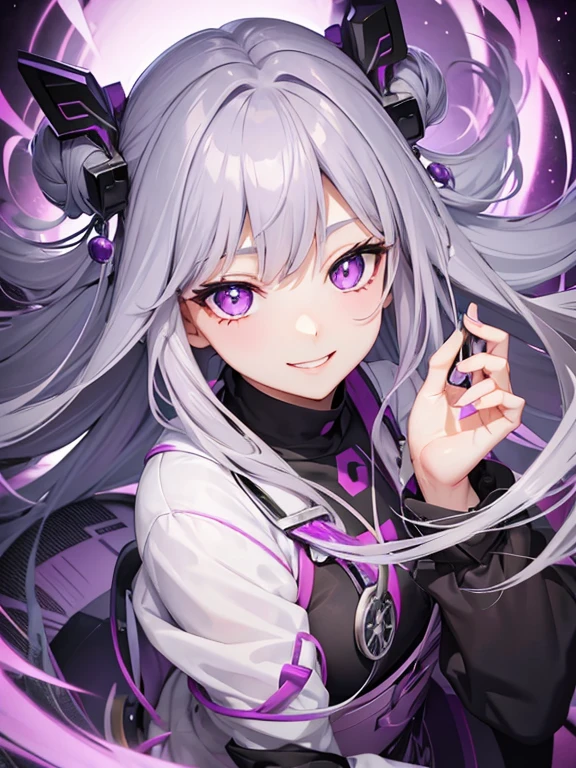 grey hair, long hair, purple pupils, purple eyes, hair pin, japan musume, anime 2.5 style, masterpiece, high details, 4/5 body, smile, doctor, sexy