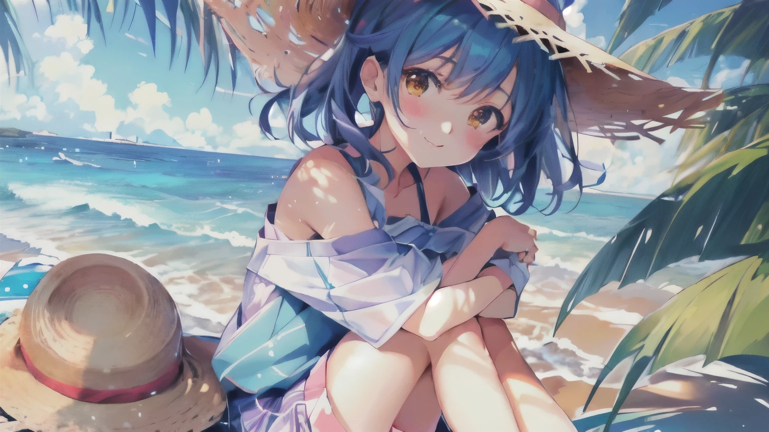 Anime girl sitting on the beach with a hat on - SeaArt AI