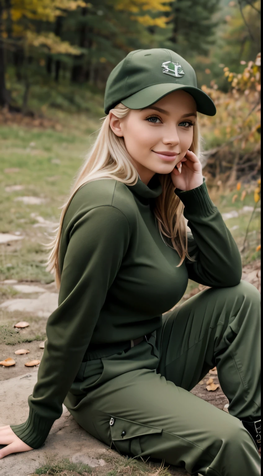 Foto hiperrealista en primer plano de Emily Sears, masterpiece, best quality, (photorealistic:1.4), full body, (army green winter Plus Size Long Sleeve Pullover casual Sweater:1.1), (army green cargo pants:1.2), (trucker hat), she is sitting on the ground, in the mountain, she is sitting on the ground, sits cross-legged, sunny fall day, cinematic light, beautiful woman, skinny, large breasts, blond hair, detailed face, smile, facing the camera, photo taken from a distance, age of 20 years old, she is sitting on the ground, sits backwards, you can see her back