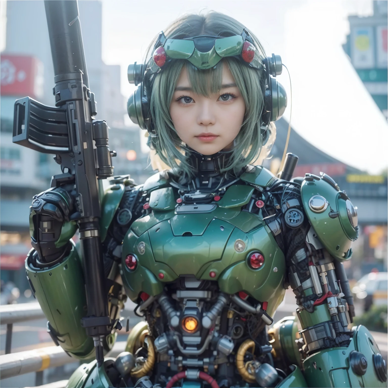 (masterpiece, best quality:1.2), (8k uhd, 16k, 32k, ultra high res), (photorealistic:1.37), (RAW photo), ultimate-realistic, ultimate-realistic details, ultimate-realistic texture, ultimate-intricate details, ultimate-realistic lighting, ultimate-realistic shadow, japanese girl, ultimate-cute face, ultimate-RAW skin, ultimate-realistic eyes, Japanese woman in insect powered suit, cannon mounted on shoulder, very cute face, mechanical, extremely intricate details, full body shot, ultimate photorealistic, big city locked down