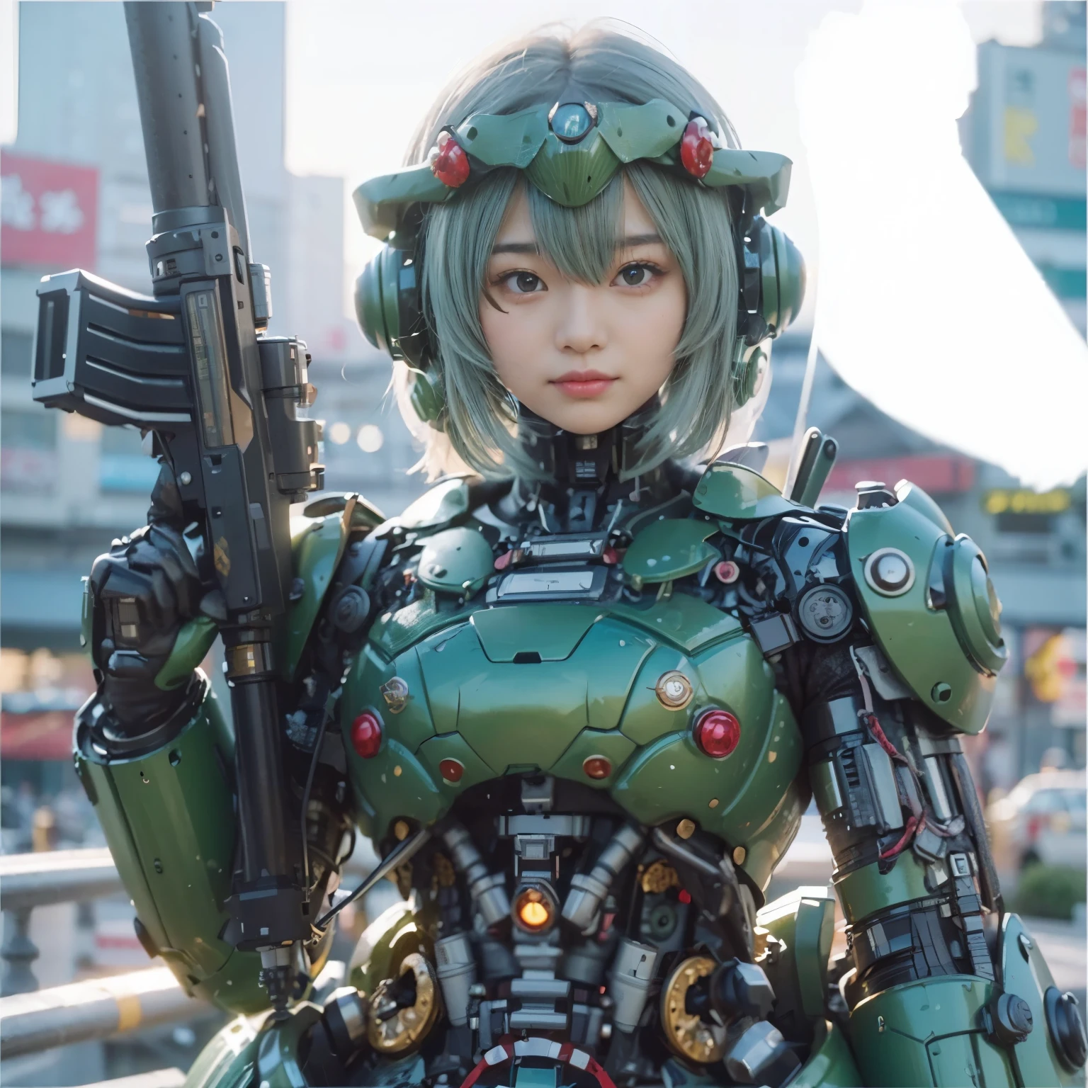 (masterpiece, best quality:1.2), (8k uhd, 16k, 32k, ultra high res), (photorealistic:1.37), (RAW photo), ultimate-realistic, ultimate-realistic details, ultimate-realistic texture, ultimate-intricate details, ultimate-realistic lighting, ultimate-realistic shadow, japanese girl, ultimate-cute face, ultimate-RAW skin, ultimate-realistic eyes, Japanese woman in insect powered suit, cannon mounted on shoulder, very cute face, mechanical, extremely intricate details, full body shot, ultimate photorealistic, big city locked down