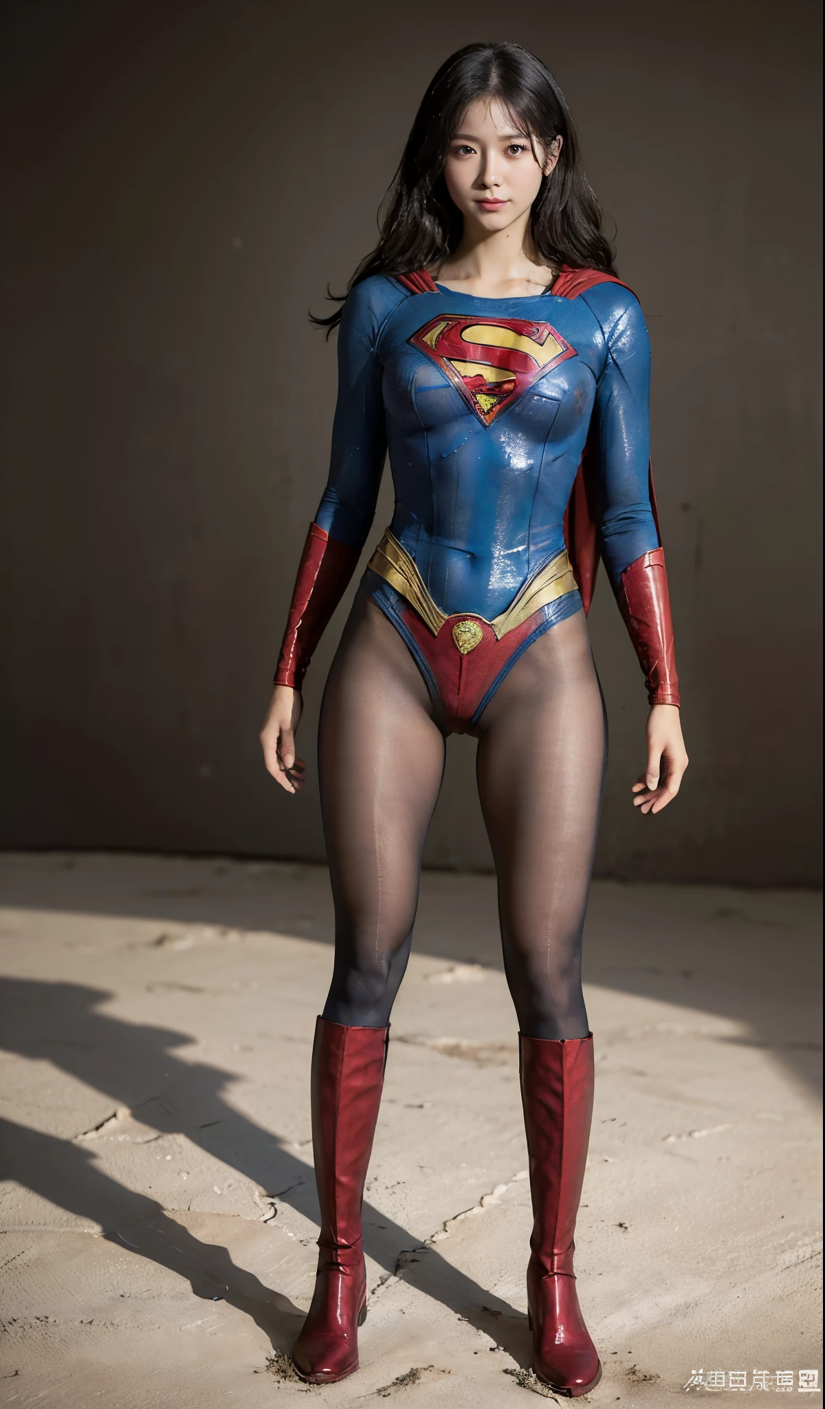 No background、(((Beautiful legs in black tights.)))、(((Legally express the beauty of your smile)))、((((Make the most of your original images)))、(((Supergirl Costume)))、(((Beautiful Hair)))、(((suffering)))、(((Please wear black tights....、Wear red boots)))、((Best image quality、8K))、((highest quality、8K、masterpiece:1.3))、(((Preserve background )))、Sharp focus:1.2、Beautiful woman with perfect figure:1.4、Thin abdominal muscles:1.2、Wet body:1.5、Highly detailed face and skin texture、8K