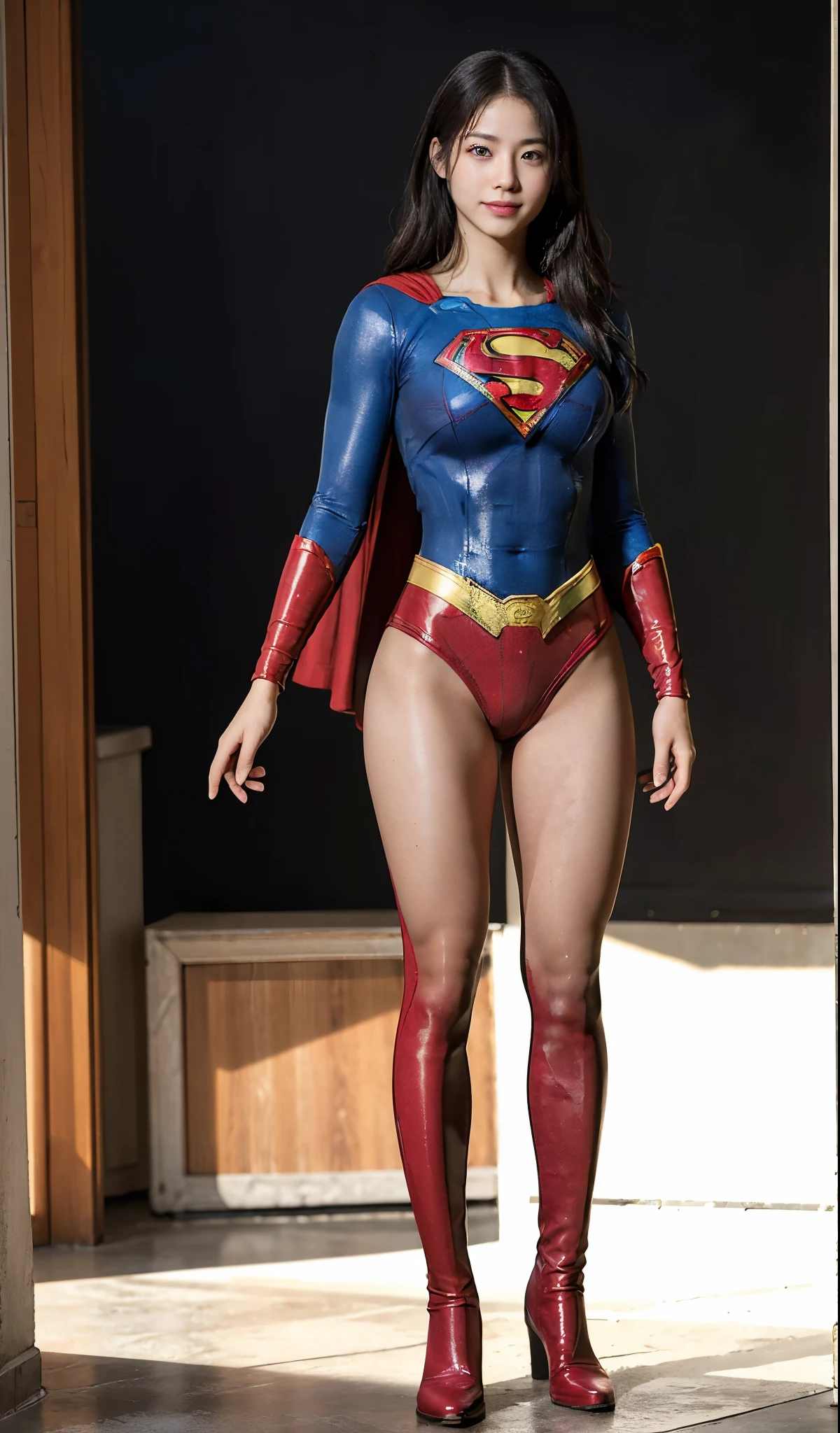 No background、(((Beautiful legs in black tights.)))、(((Legally express the beauty of your smile)))、((((Make the most of your original images)))、(((Supergirl Costume)))、(((Beautiful Hair)))、(((suffering)))、(((Please wear black tights....、Wear red boots)))、((Best image quality、8K))、((highest quality、8K、masterpiece:1.3))、(((Preserve background )))、Sharp focus:1.2、Beautiful woman with perfect figure:1.4、Thin abdominal muscles:1.2、Wet body:1.5、Highly detailed face and skin texture、8K