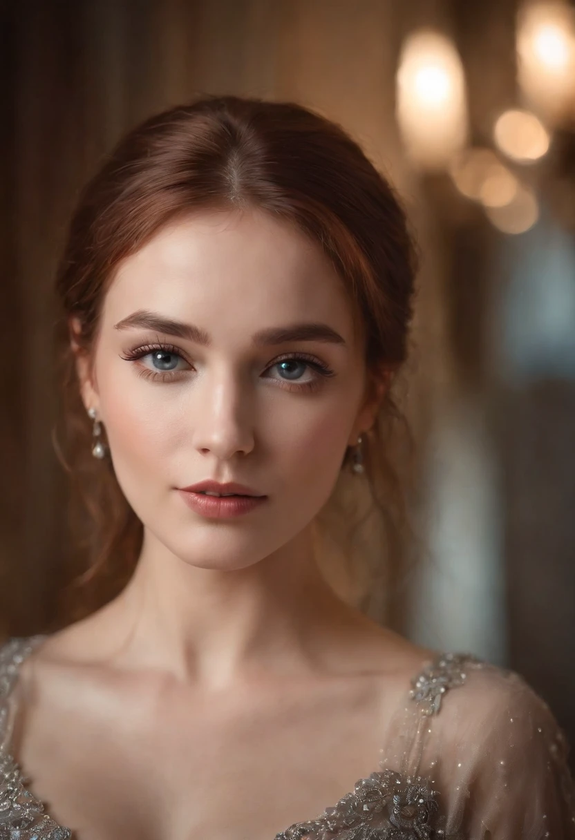 foto profissional de corpo inteiro, alto detalhe, pele realista. As the camera pans around the room, the magical bokeh of the lights creates a dreamlike atmosphere. No centro da sala, there is a 20 year old goddess with straight red hair, boca grande, fleshy lips and blue eyes. She is wearing a pair of sparkling earrings and a sheer shirt with a generous neckline drawing attention to her large breasts., adding a touch of mystery to its already intriguing presence. its intricate details adding to the overall cinematic feel of the scene.