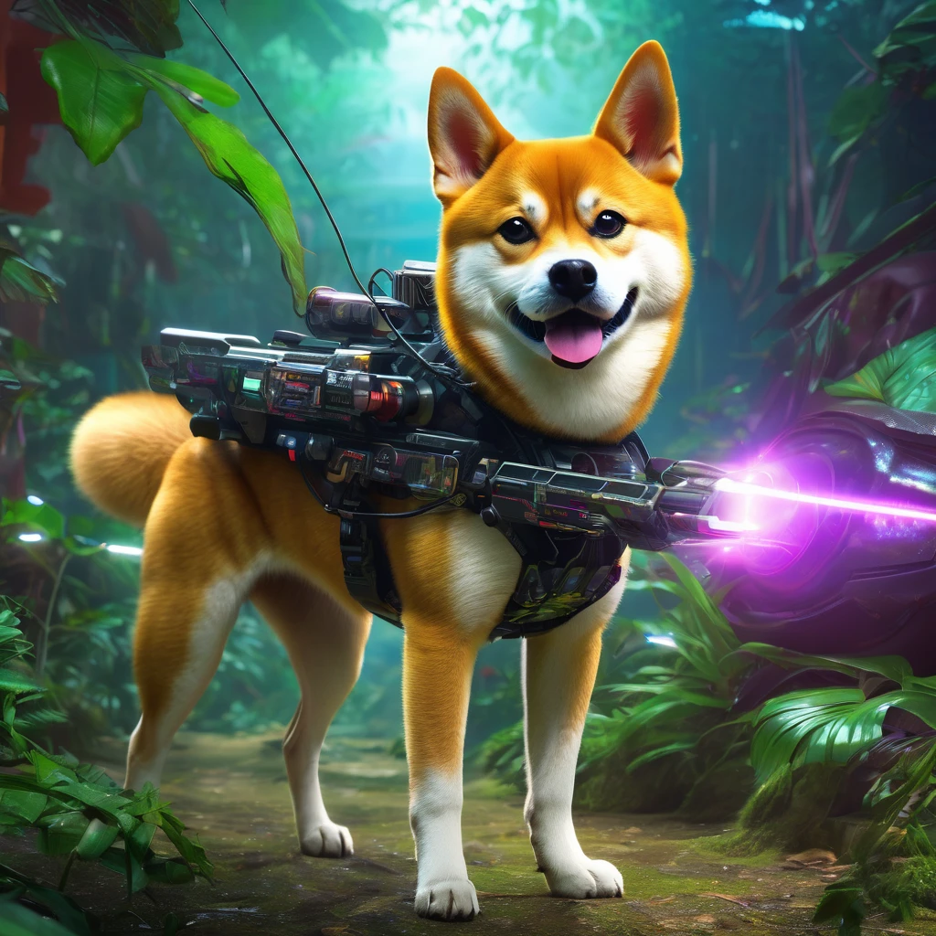 (best quality, highres, ultra-detailed, realistic:1.37), Shiba Inu cyborg super-soldier finds himself on an alien world, surrounded by a playful and fascinating cat kingdom. The Shiba Inu is equipped with mechanical enhancements, including robotic limbs and glowing electronic eyes. As he explores the exotic landscape, he is accompanied by a group of cat creatures that are curious and friendly towards him. The lush and vibrant jungle is filled with towering trees, colorful flowers, and twisting vines that create a surreal and dreamlike environment. The air is filled with the delightful chirping of birds and the mesmerizing sounds of nature. At the top of a steep hill, the Shiba Inu's rocket, shaped like a giant tennis ball, stands tall and ready for adventure. The rocket is adorned with futuristic technology, giving it a sleek and powerful appearance. The sky above is bathed in warm hues of purple and blue, casting a serene and otherworldly glow. The gentle beams of sunlight filter through the canopy, creating beautiful patterns of light and shadow on the forest floor. As the Shiba Inu embarks on this intergalactic escapade, he embraces the unknown with excitement and curiosity, ready to uncover the mysteries of this extraordinary world.