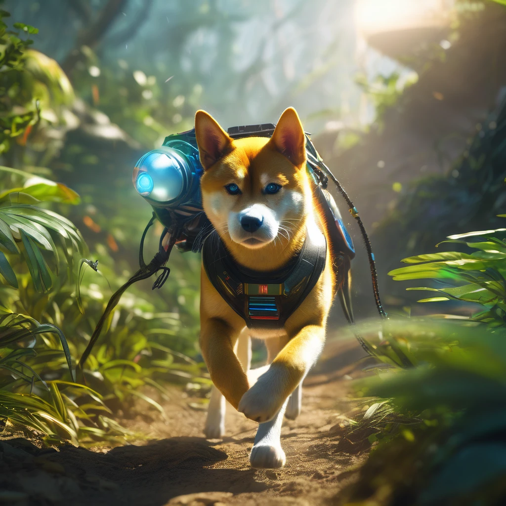 (best quality, highres, ultra-detailed, realistic:1.37), Shiba Inu cyborg super-soldier finds himself on an alien world, surrounded by a playful and fascinating cat kingdom. The Shiba Inu is equipped with mechanical enhancements, including robotic limbs and glowing electronic eyes. As he explores the exotic landscape, he is accompanied by a group of cat creatures that are curious and friendly towards him. The lush and vibrant jungle is filled with towering trees, colorful flowers, and twisting vines that create a surreal and dreamlike environment. The air is filled with the delightful chirping of birds and the mesmerizing sounds of nature. At the top of a steep hill, the Shiba Inu's rocket, shaped like a giant tennis ball, stands tall and ready for adventure. The rocket is adorned with futuristic technology, giving it a sleek and powerful appearance. The sky above is bathed in warm hues of purple and blue, casting a serene and otherworldly glow. The gentle beams of sunlight filter through the canopy, creating beautiful patterns of light and shadow on the forest floor. As the Shiba Inu embarks on this intergalactic escapade, he embraces the unknown with excitement and curiosity, ready to uncover the mysteries of this extraordinary world.