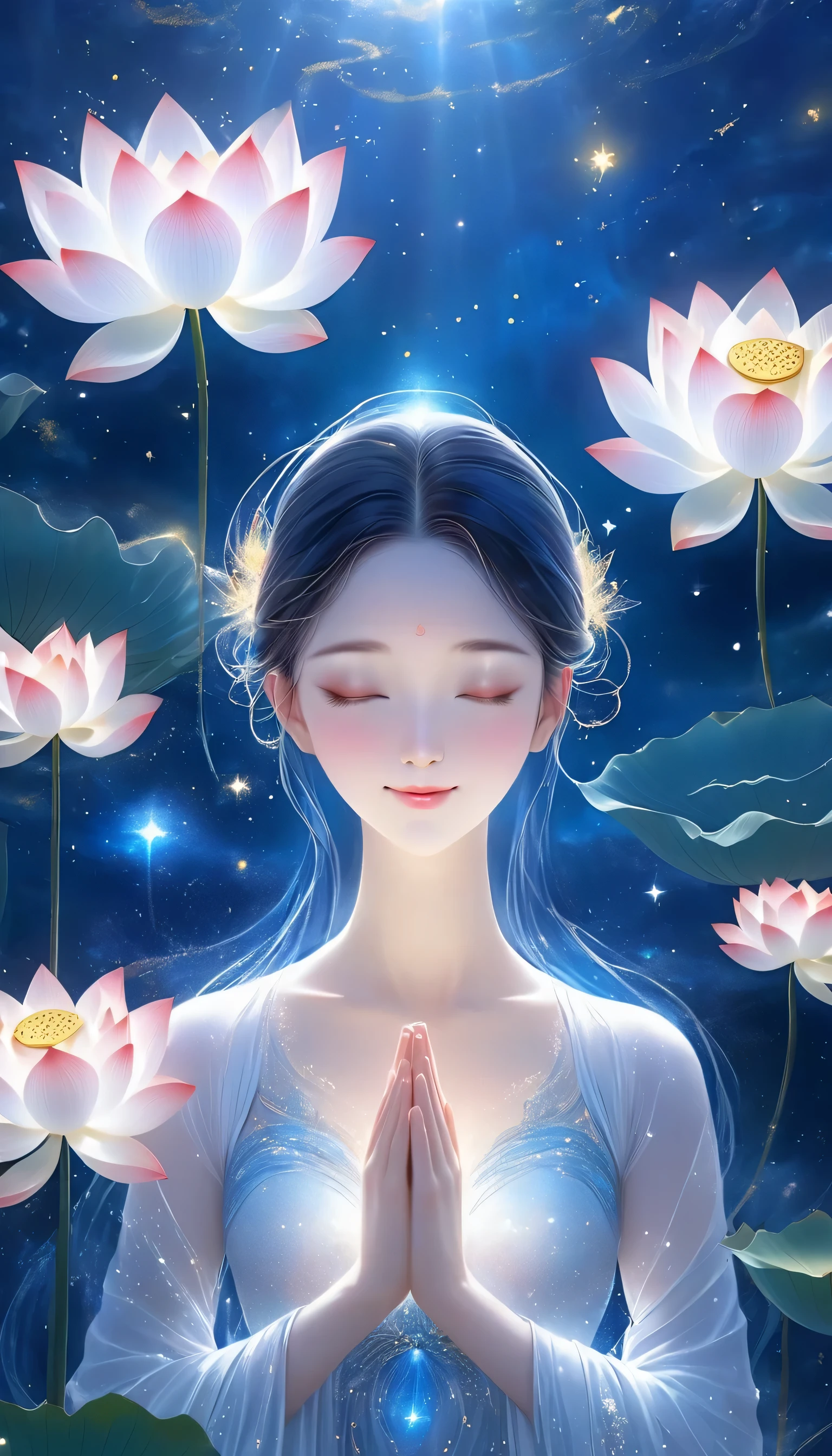 best quality,masterpiece:1.2,Detailed details,The beautiful young god gently closed his eyes,A gentle smile. She folded her hands in prayer and meditation. She wore a white dress,Stars sparkle in the blue night sky, you sit on a lotus,In a fantastic atmosphere,You feel as if you are one with the universe. HD, 8k