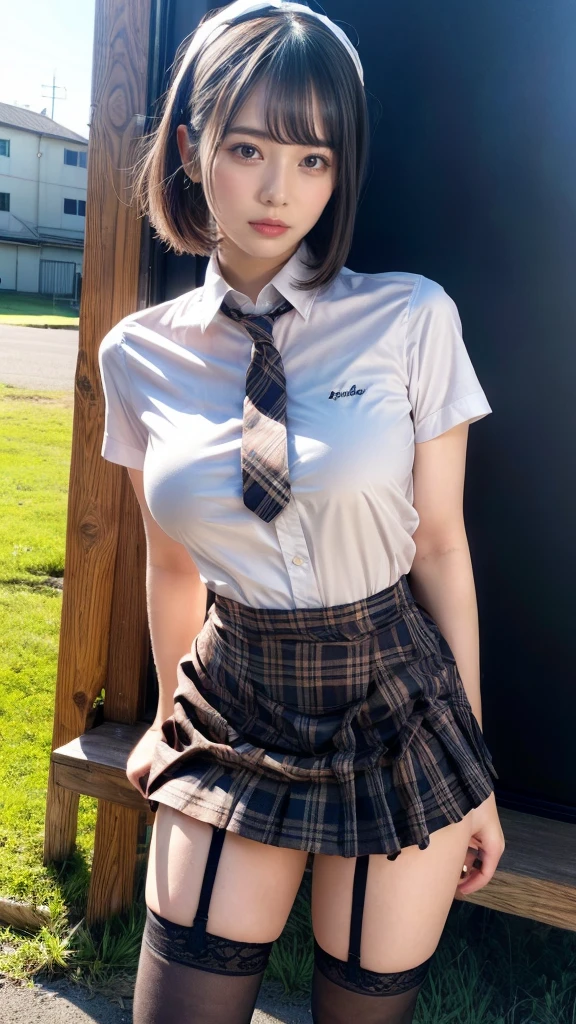 muste piece, best quality, illustration, Super detailed, fine details, High resolution, 8K,wall paper, perfect dynamic composition,(Details High quality, realistic depiction of eyes:1.3), (white school shirt :1.2), (plaid skirt :1.3), tie black, black thigh-high stockings, standing, open legs, short bob hair, in a classroom, blackboard in the background, deep on field, large breasts, black hair color, Big Natural Color Lip, (perfect body shape), crying a little、cold gaze, Harajuku style、30 year old girl、cute type、lolita、beautiful legs, Gravure Idol