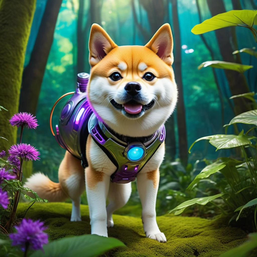 (best quality, highres, ultra-detailed, realistic:1.37), Shiba Inu cyborg super-soldier finds himself on an alien world, surrounded by a playful and fascinating cat kingdom. The Shiba Inu is equipped with mechanical enhancements, including robotic limbs and glowing electronic eyes. As he explores the exotic landscape, he is accompanied by a group of cat creatures that are curious and friendly towards him. The lush and vibrant jungle is filled with towering trees, colorful flowers, and twisting vines that create a surreal and dreamlike environment. The air is filled with the delightful chirping of birds and the mesmerizing sounds of nature. At the top of a steep hill, the Shiba Inu's rocket, shaped like a giant tennis ball, stands tall and ready for adventure. The rocket is adorned with futuristic technology, giving it a sleek and powerful appearance. The sky above is bathed in warm hues of purple and blue, casting a serene and otherworldly glow. The gentle beams of sunlight filter through the canopy, creating beautiful patterns of light and shadow on the forest floor. As the Shiba Inu embarks on this intergalactic escapade, he embraces the unknown with excitement and curiosity, ready to uncover the mysteries of this extraordinary world.