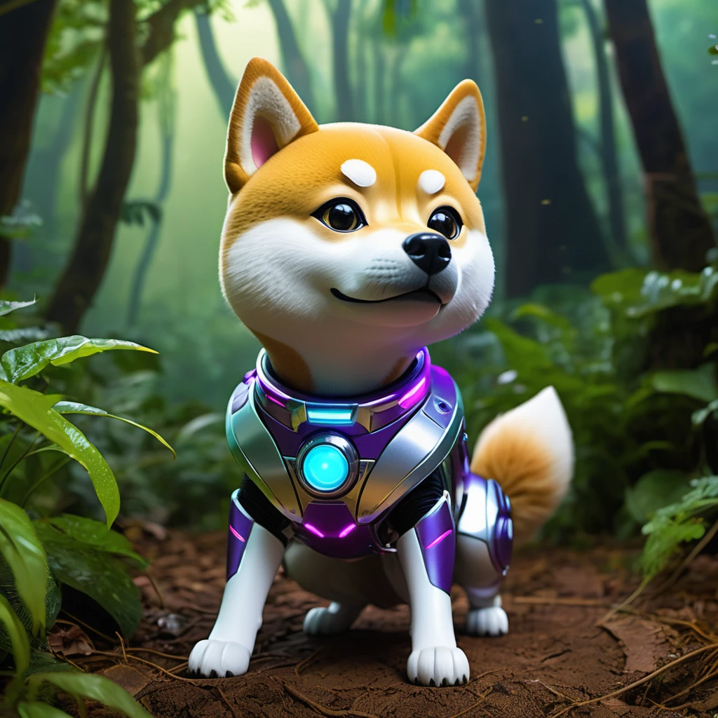 (best quality, highres, ultra-detailed, realistic:1.37), Shiba Inu cyborg super-soldier finds himself on an alien world, surrounded by a playful and fascinating cat kingdom. The Shiba Inu is equipped with mechanical enhancements, including robotic limbs and glowing electronic eyes. As he explores the exotic landscape, he is accompanied by a group of cat creatures that are curious and friendly towards him. The lush and vibrant jungle is filled with towering trees, colorful flowers, and twisting vines that create a surreal and dreamlike environment. The air is filled with the delightful chirping of birds and the mesmerizing sounds of nature. At the top of a steep hill, the Shiba Inu's rocket, shaped like a giant tennis ball, stands tall and ready for adventure. The rocket is adorned with futuristic technology, giving it a sleek and powerful appearance. The sky above is bathed in warm hues of purple and blue, casting a serene and otherworldly glow. The gentle beams of sunlight filter through the canopy, creating beautiful patterns of light and shadow on the forest floor. As the Shiba Inu embarks on this intergalactic escapade, he embraces the unknown with excitement and curiosity, ready to uncover the mysteries of this extraordinary world.