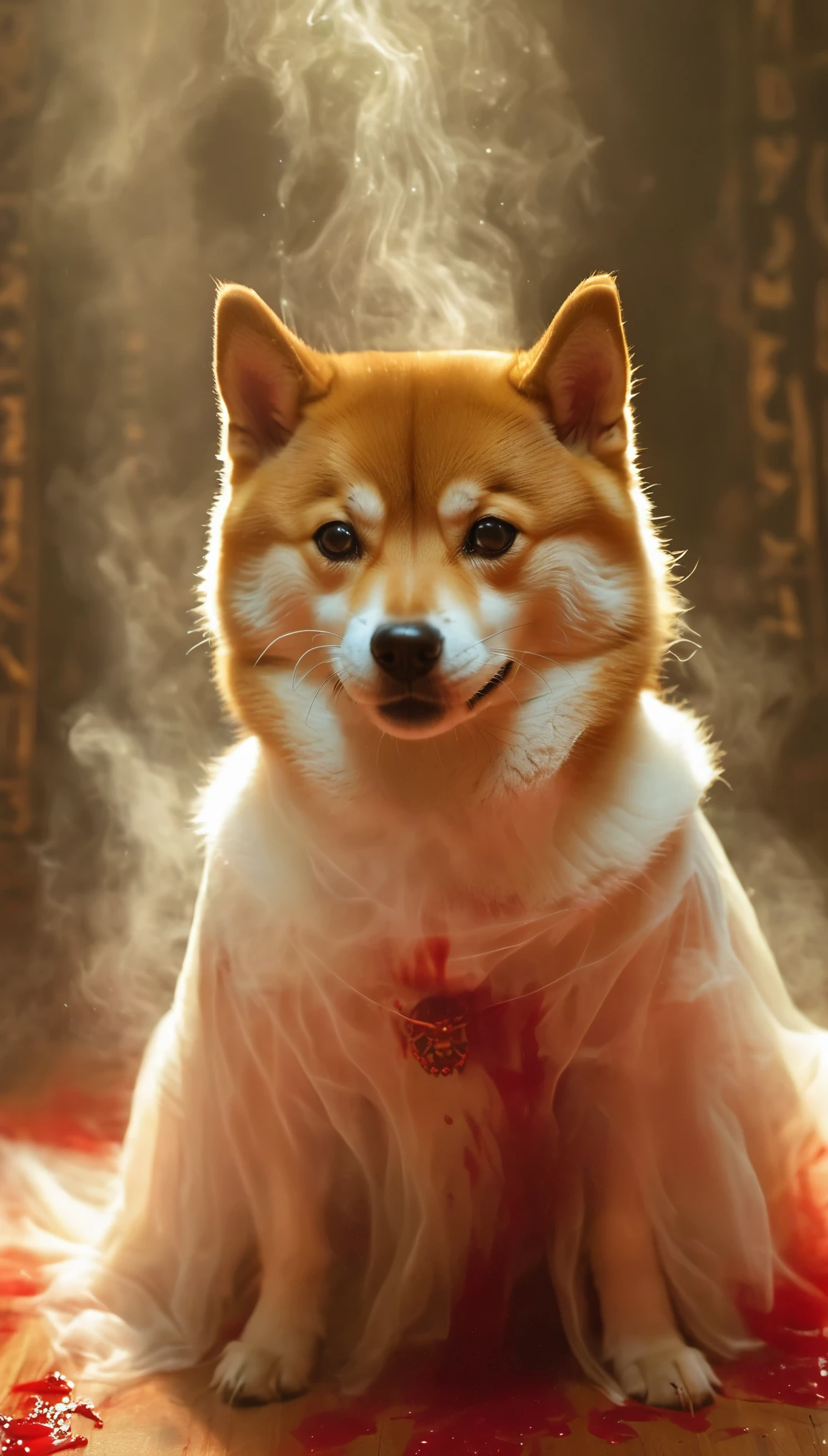 Magic plantloody ghost Shiba Inu from the abyss, Ghost Shiba Inu,Blood-red eye stare at the dead，Enchantment，uncanny，terror