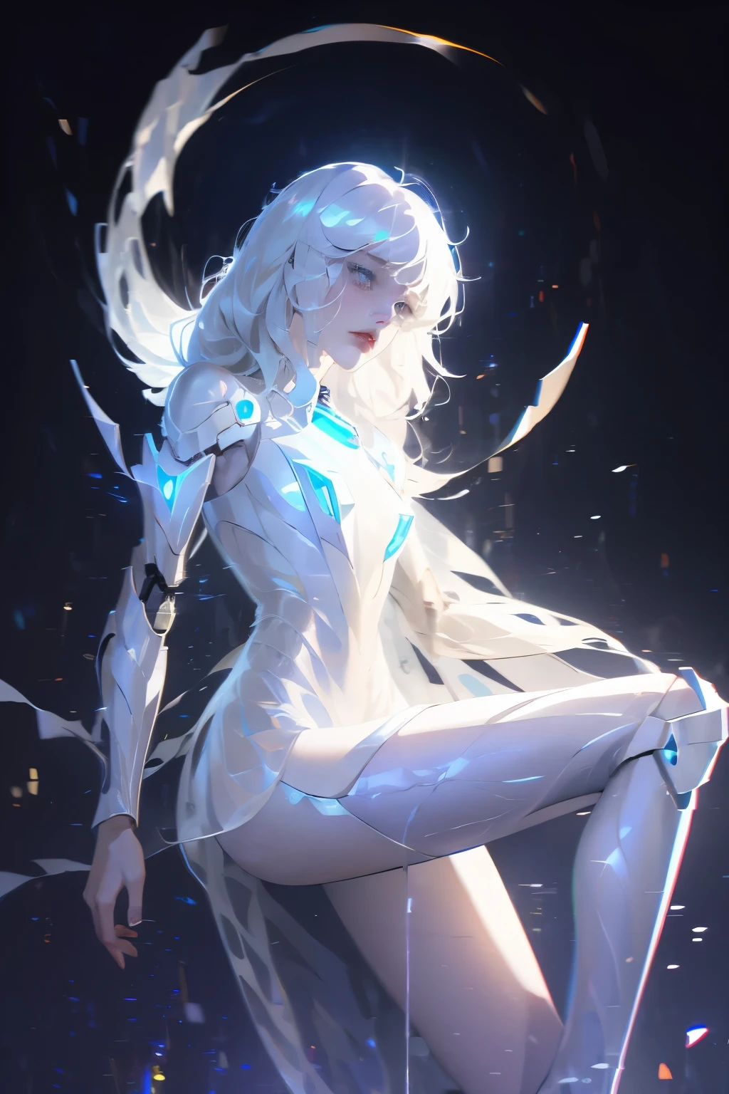 ((girl, Mecha)), Glowing eyes, Delicate face, Damaged Armor, Mechanical aura, Mechanical arm, White hair, Long hair, Ceramic body, Thigh clearance, Small breasts, Network Background, Very nice city, (translucent, Reflective Skin), 8k, best quality, Super detailed, (Surrealism: 1.4),  