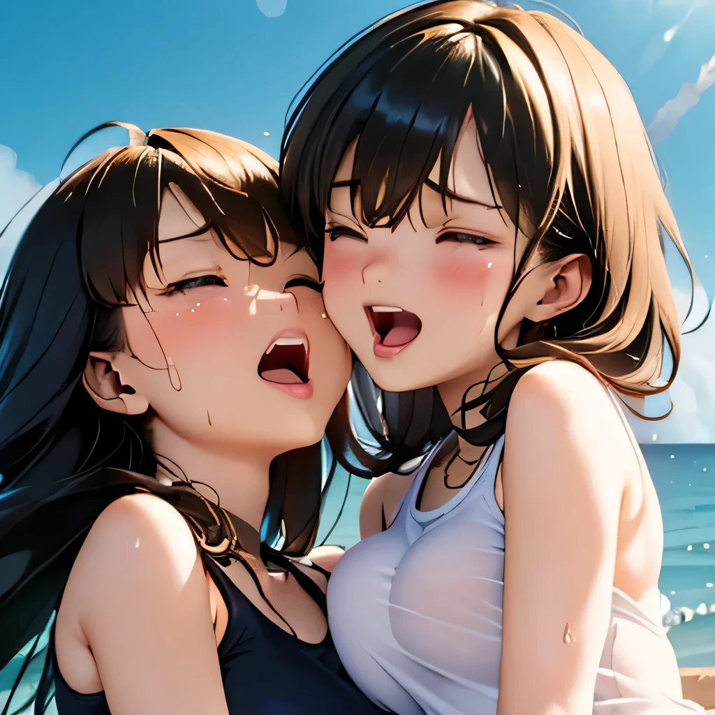 (intense orgasming face), two cute sisters lying, (eyes realistic sizing, drooping eyes), (wet tee-shirt), (wet tee-shirt), panties, sunny sky, soft light, beach, open mouth, crying, closed eyes, messy hair, necklace, (small breasts)