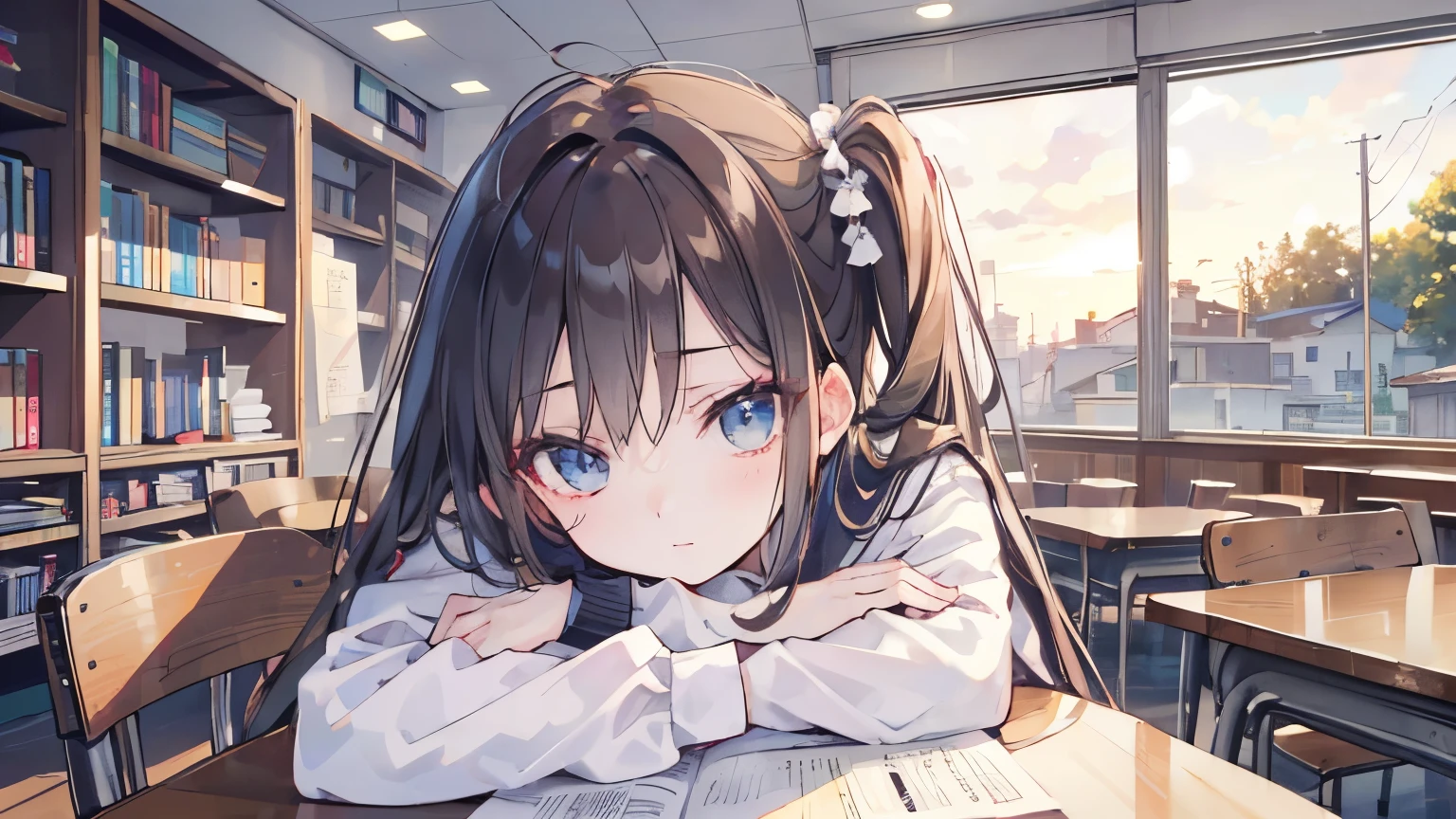 (((Best quality, 8k, Masterpiece: 1.3)), Sharp focus, Slim abdomen,  (White shirt), ((side ponytail)), Highly detailed face and skin texture, Detailed eyes, Double eyelid, Japanese high school girl, brown hair, sleepy face, (While studying at the library), (high school uniform), sunset, cowboy shot