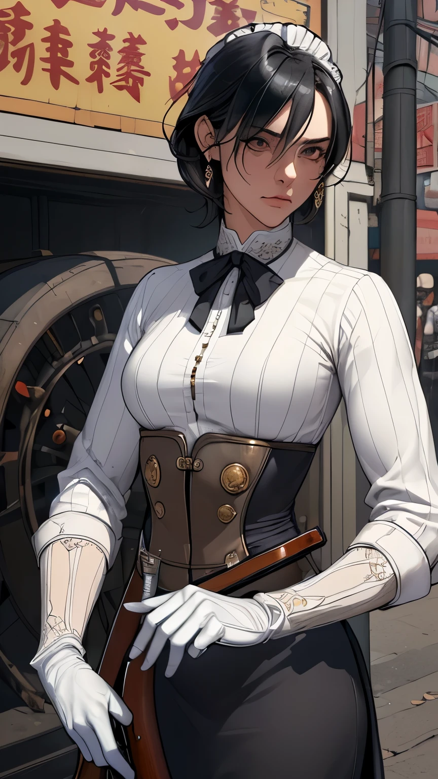 (masterpiece:1.3), (disorganized:1.3), (highest quality:1.3),(perfect anatomy:1.5),perfect finger,(detailed face), solo,1 middle age woman around 50 years old,(Steam Punk), (Victorian era),Old Hong kong,(Kowloon area),horizontal angle,((looking at viewer)), (Super detailed:1.3),(best shadow:0.7),(small breasts),((treated black hair)),(messy hair),fine eyes, beautiful eyes, 1 mature woman, ((saggy small breasts)),((muscular)),dark skin,alone, standing, crystal earrings,closed_mouth, arm_behind_return,maid uniform,holding musket rifle,white gloves,rest outdoors, intimidating pose,cowboy shot
