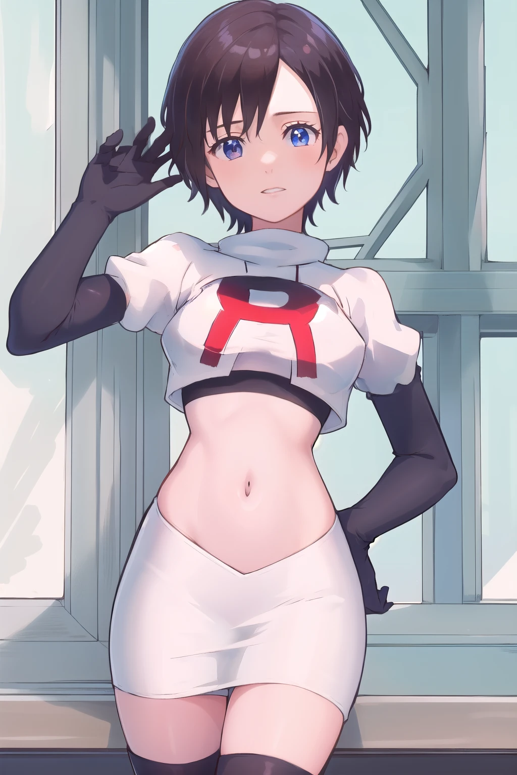 masterpiece, best quality, highres, aaxion, short hair, team rocket,team rocket uniform,white skirt,red letter R,crop top,black thigh-highs,black elbow gloves, cowboy shot, 