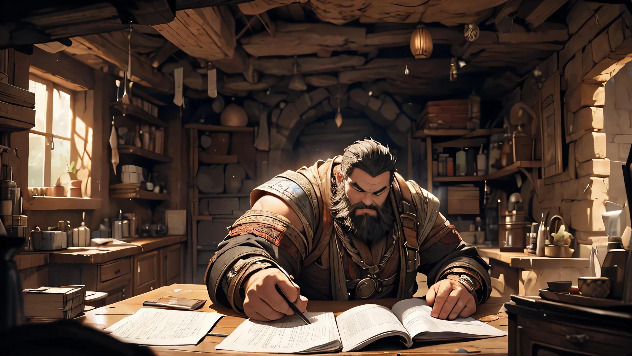 depict a dwarf with short black hair and a beard, sturdy body, rear view. was in a room in a cave, the room looked messy and dusty with notes scattered around, fantasy theme