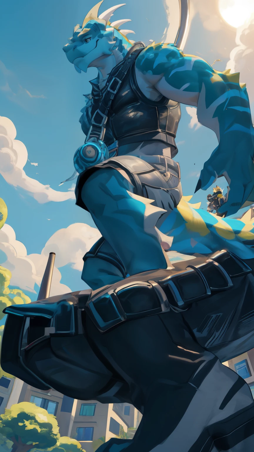 ((Best quality and highest resolution)), ((A masterpiece of digital art)), (Detailed and intricately depicted), (Full body figure of a large-scaled hybrid creature), (A Fortnite-inspired character, without any accessories), (Captured in a macro shot), (Raising one leg high in the air, poised to bring about the destruction of a tiny, depicted Earth), (Low angle perspective, emphasizing the immense size and power of the creature)