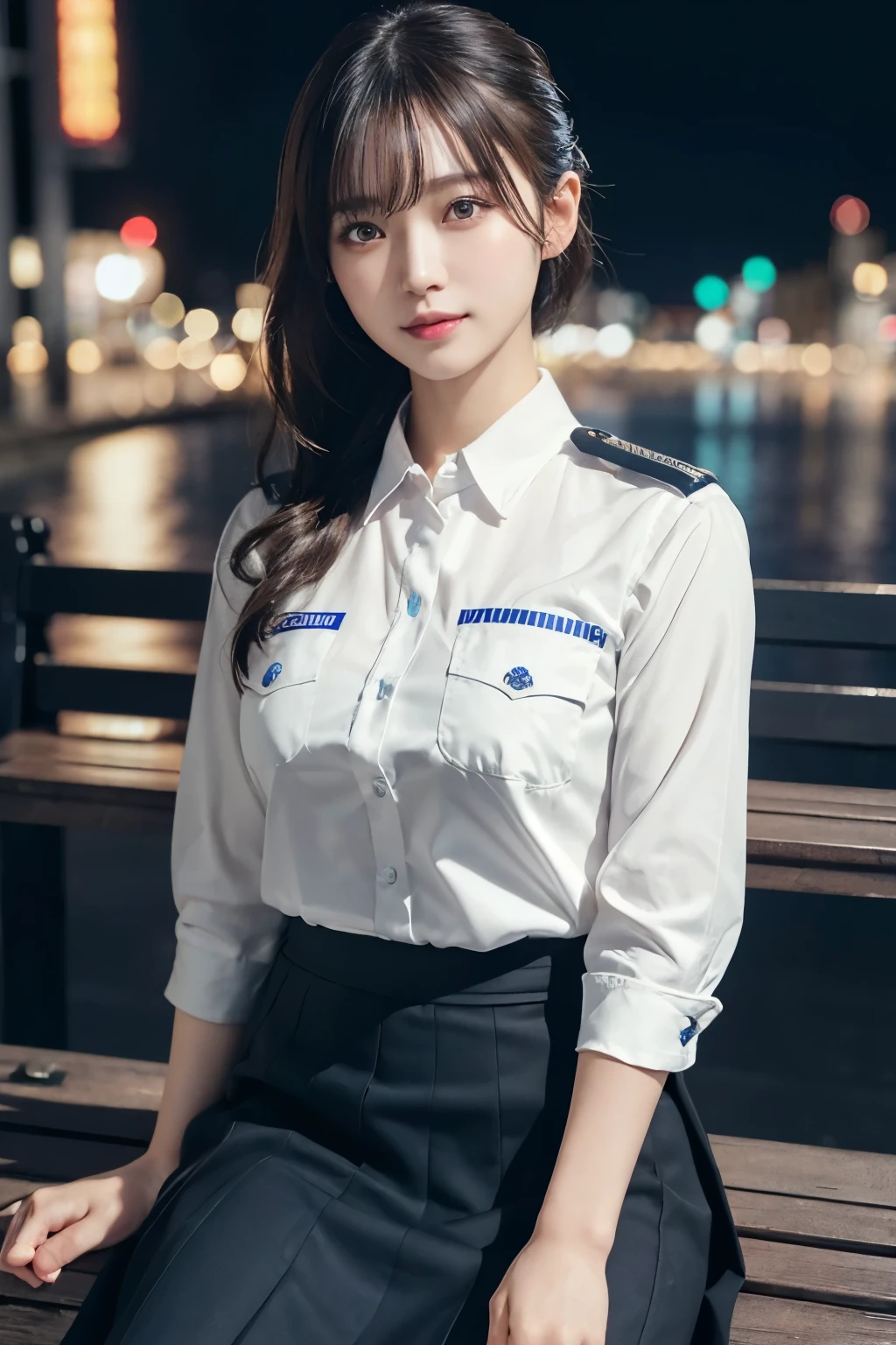 An innocent 20-year-old girl、((Japanese Police Officer, Police uniform, skirt, Cute and elegant, Dramatic Pose)),Big Breasts、smile,Night city background,shortcut、RAW Photos, (8k、highest quality、masterpiece:1.2)、(Intricate details:1.4)、(Photorealistic:1.4)、Octane Rendering、Complex 3D rendering with ultra-detail, Studio Soft Light, Rim Light, Vivid details, Super Detail, Realistic skin texture, Detailed aspect, Beautiful details in the eyes, Highly detailed CG Unity 16k wallpaper, compensate, (Detailed Background:1.2), Glowing Skin, whole body,,Sit on a bench