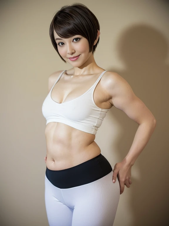 ((Great quality,Great quality,high quality, very beautiful,beautiful, 最high quality, Realistic)) ,One woman,(Open Stance),((Black tight sports shirt, White Yoga Pants,Belly button,Low rise)),((Light brown hair,blunt bangs, pixie cut, 太くてbeautiful眉)),Detailed body,photograph,3D, texture,, View here, ((最high quality, Great quality, very beautiful, Absurd))、(Perfect beautiful face 1.2),(smile),(Perfect and beautiful posture:1.2),(30 year old beautiful Japanese woman),(Mature Woman),(Face with makeup),((((Flat Chest)))),Big Ass,Strong legs, Vertical navel,(Muscular body),(whole bodyに汗をかく:1.2),超高解像度のphotograph,Looking at the camera,(Stand facing forward),(whole body),