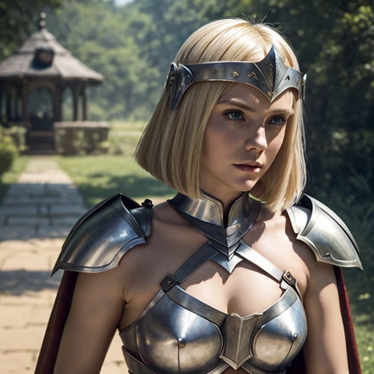 pointy ears, masterpiece, 1girl, solo, blond hair, bob cut, iron breastplate, iron helmet, holding mace,  cleavage, pelvic curtain,  ((portrait)), looking away, bare shoulder, bikini armor, shoulder armor, cape,