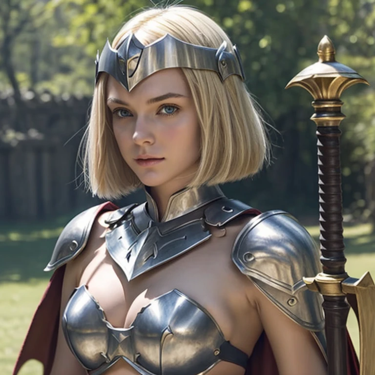 pointy ears, masterpiece, 1girl, solo, blond hair, bob cut, iron breastplate, iron helmet, holding mace, cleavage, pelvic curtain, ((portrait)), looking away, bare shoulder, bikini armor, shoulder armor, cape,